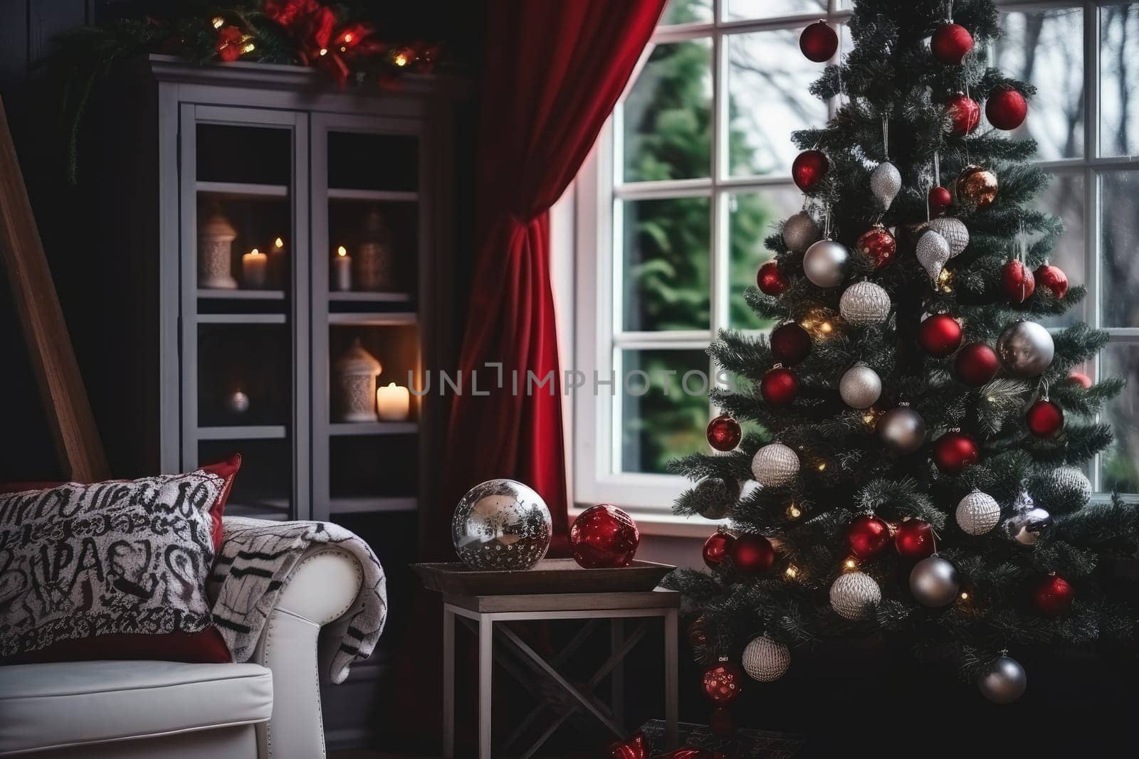 Beautiful Christmas tree in decorated living room. Festive interior.