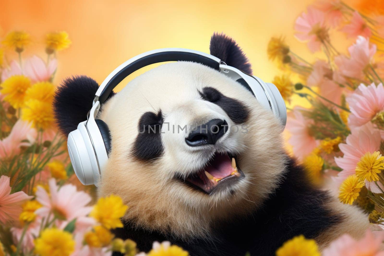 photography of a happy and relaxed big Panda with closed Eyes wearing Headphones, AI Generative.