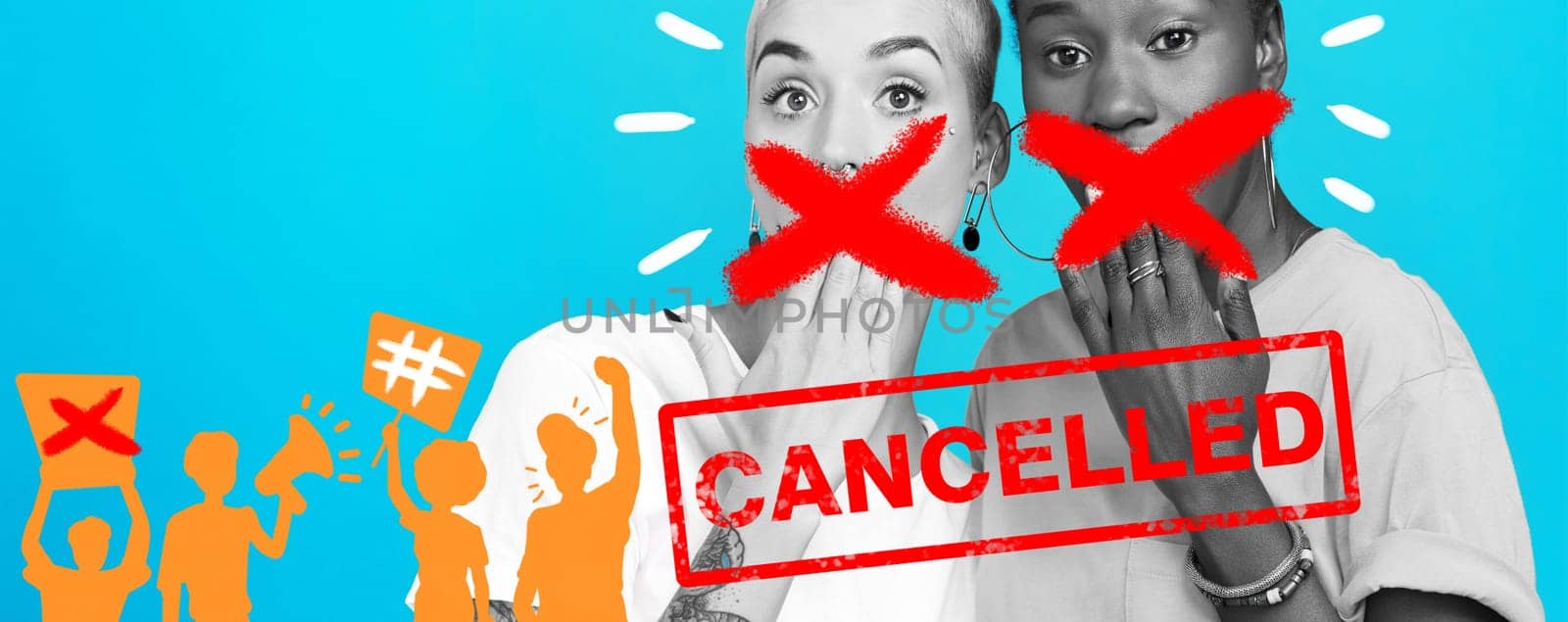 Cancel culture, social media and women on a blue background for silence, protest or society opinion. Banner, quiet and friends or people with politics movement, propaganda or online problem by YuriArcurs