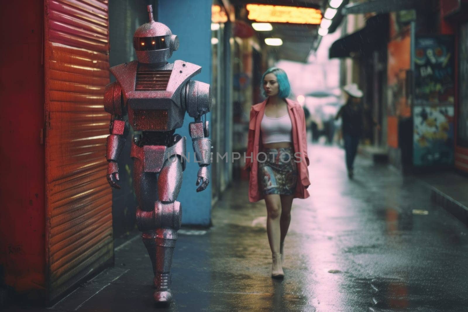 Woman walking with disco robot cyberpunk 1980s fashion photography.