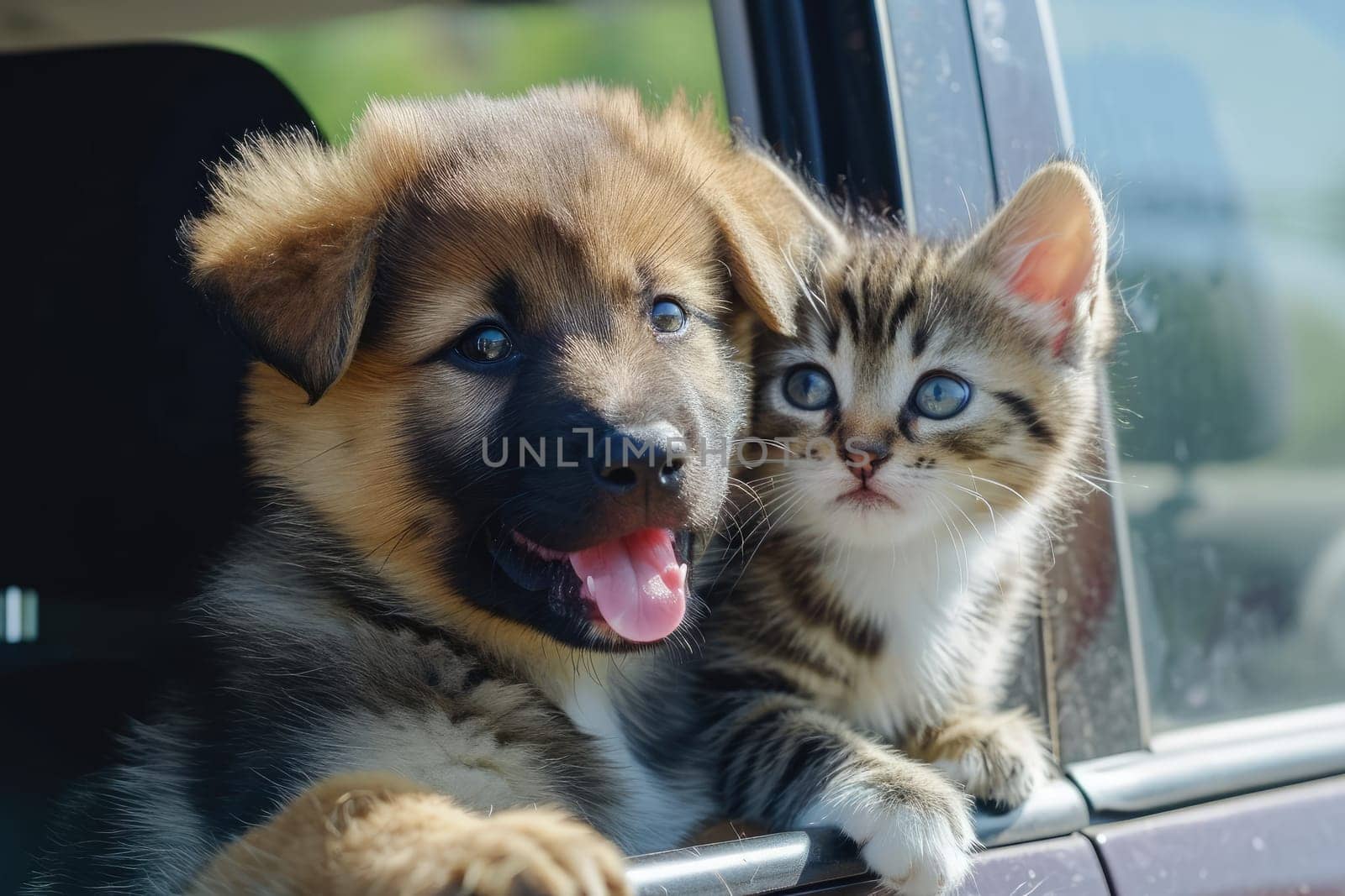 Happy dog and cat together in car looking out of the window. summer vocation travel.