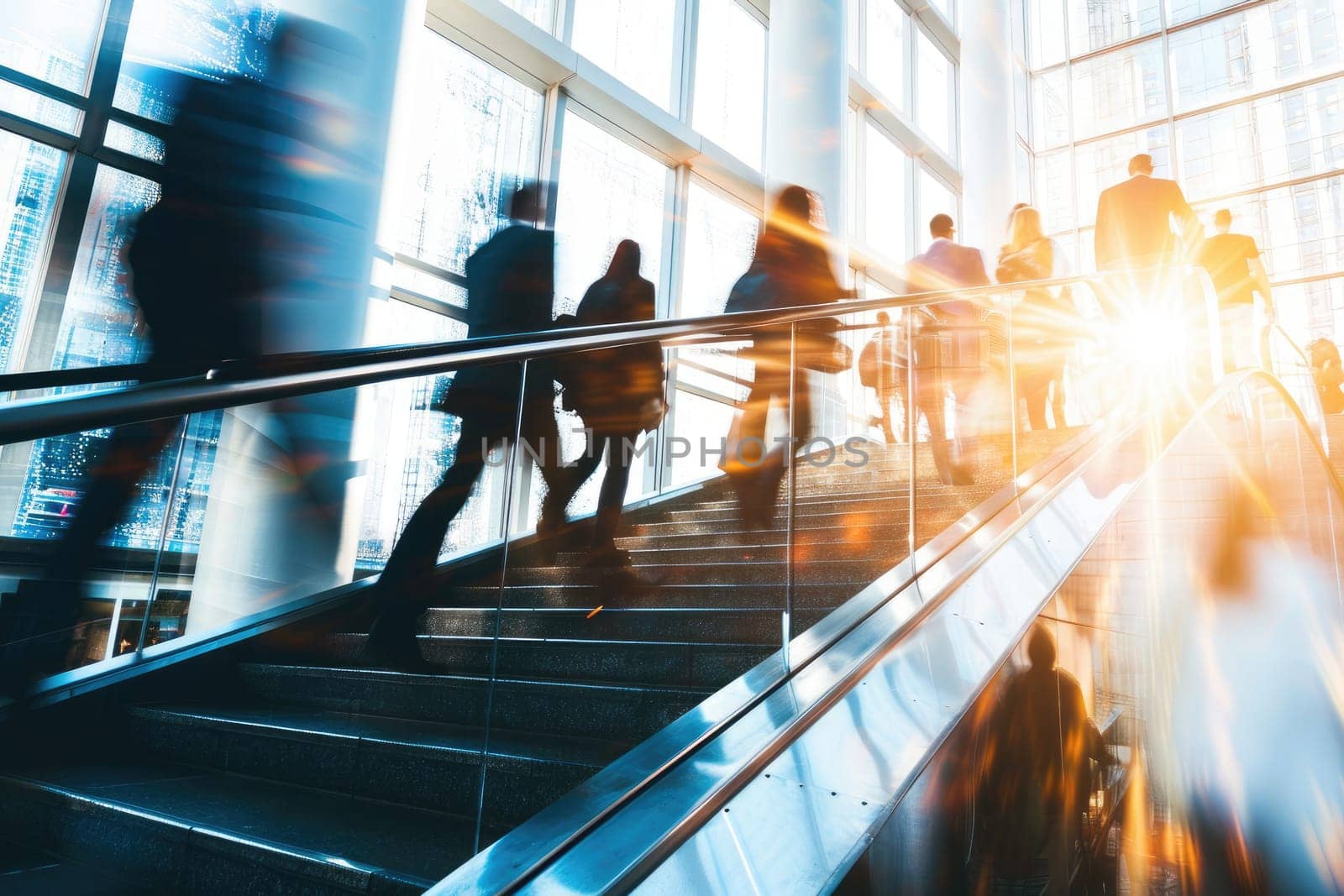 Blurred business people walking up and down stair outside office in fast movement.