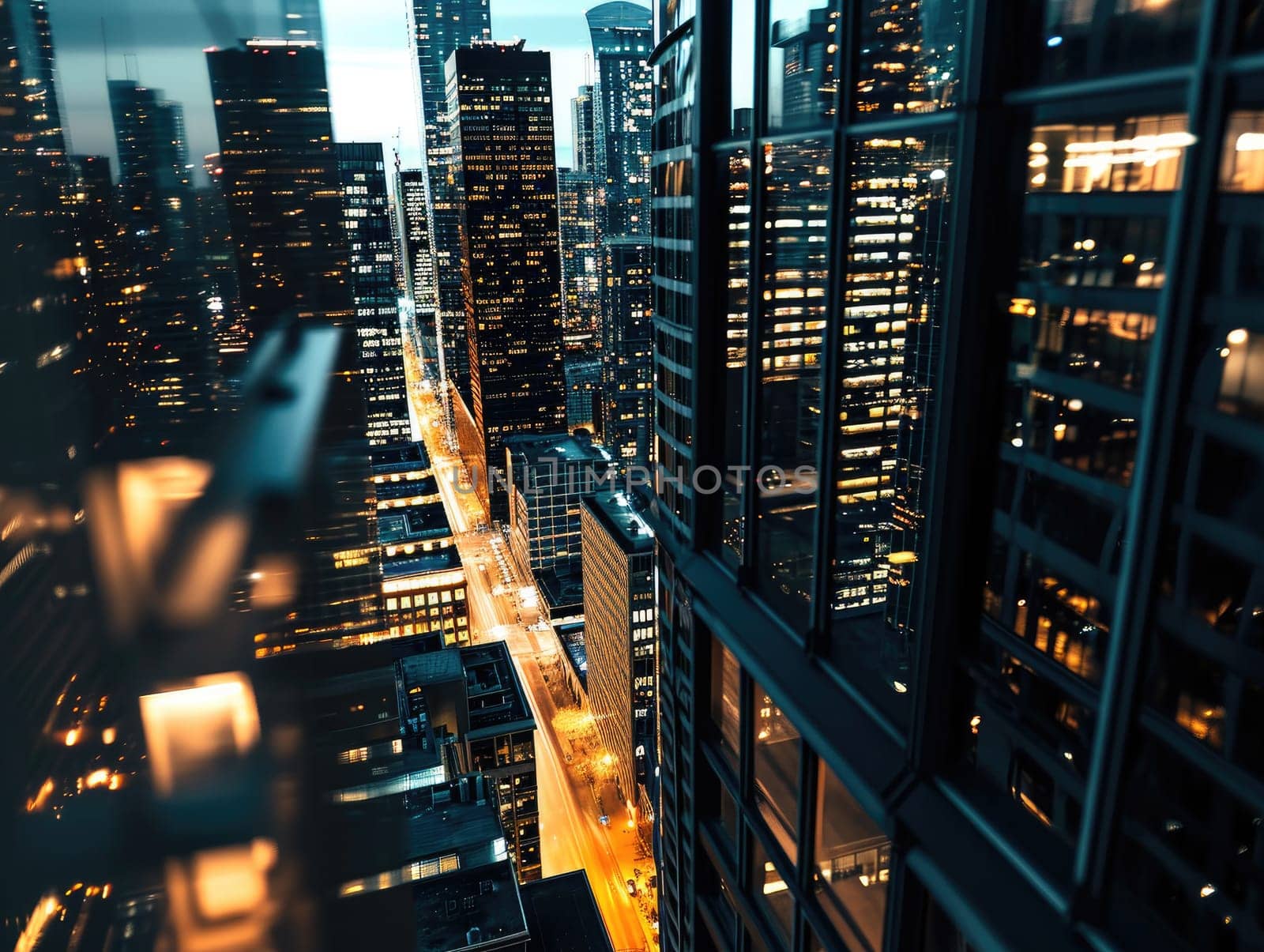 Business building city night view, Modern Office Building Illuminated at Night.