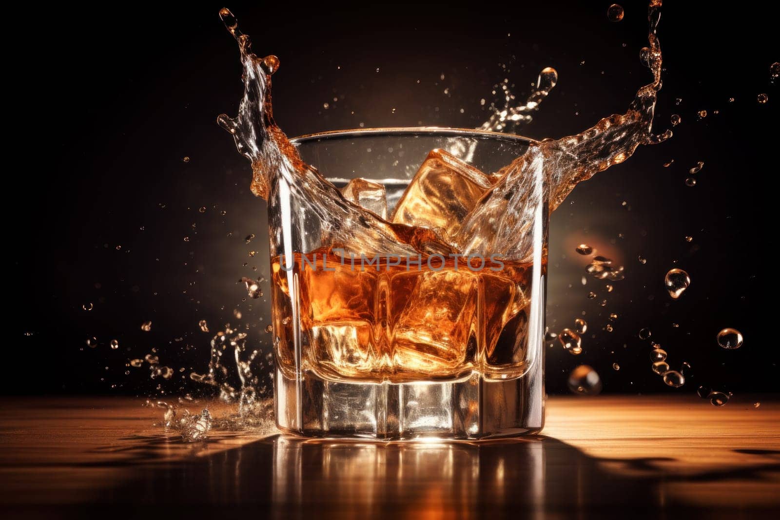 Glass of splashing whiskey or other alcohol with ice cube isolated on black background.