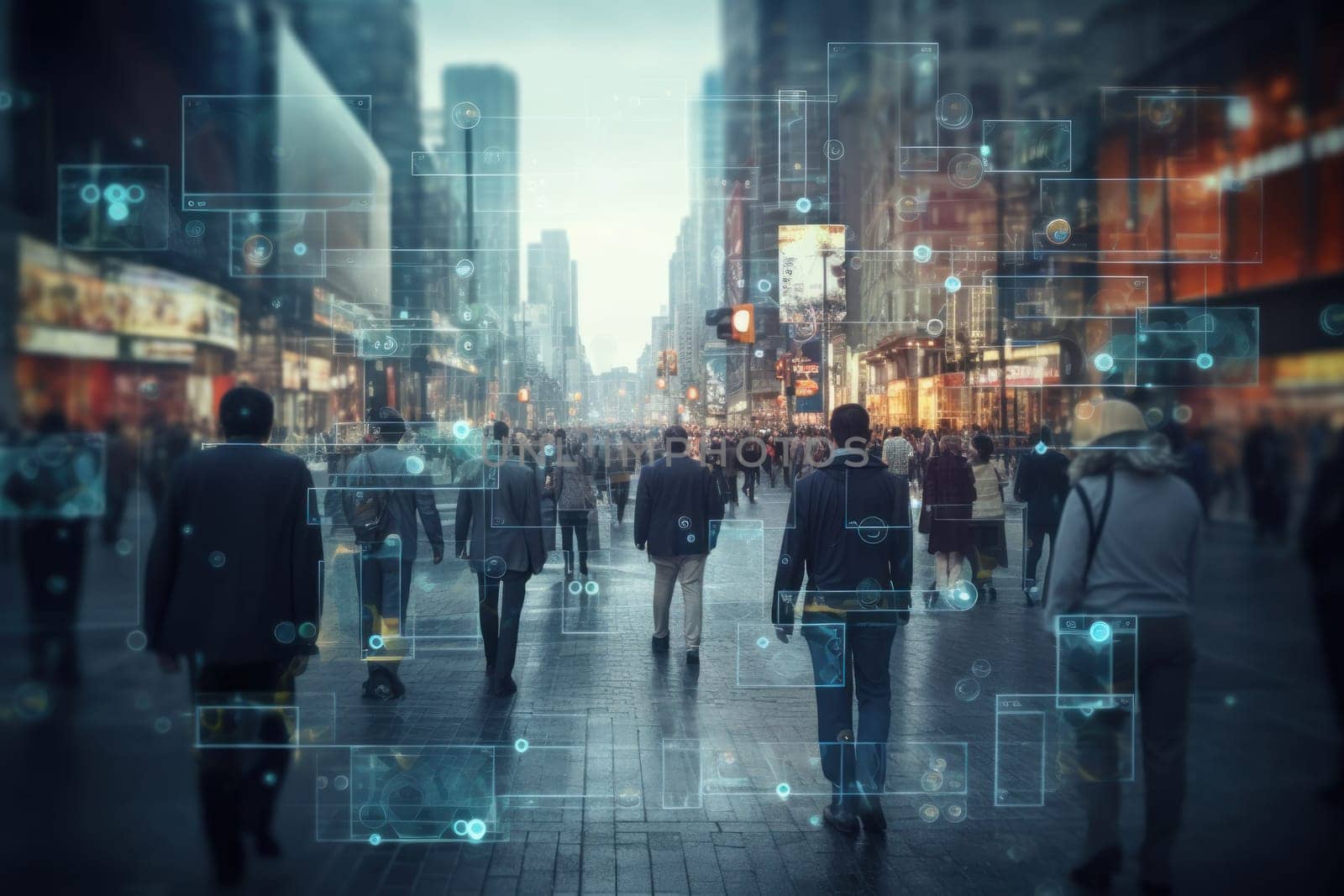 Surveillance camera of a crowd of people walking along busy city streets, AI generative.