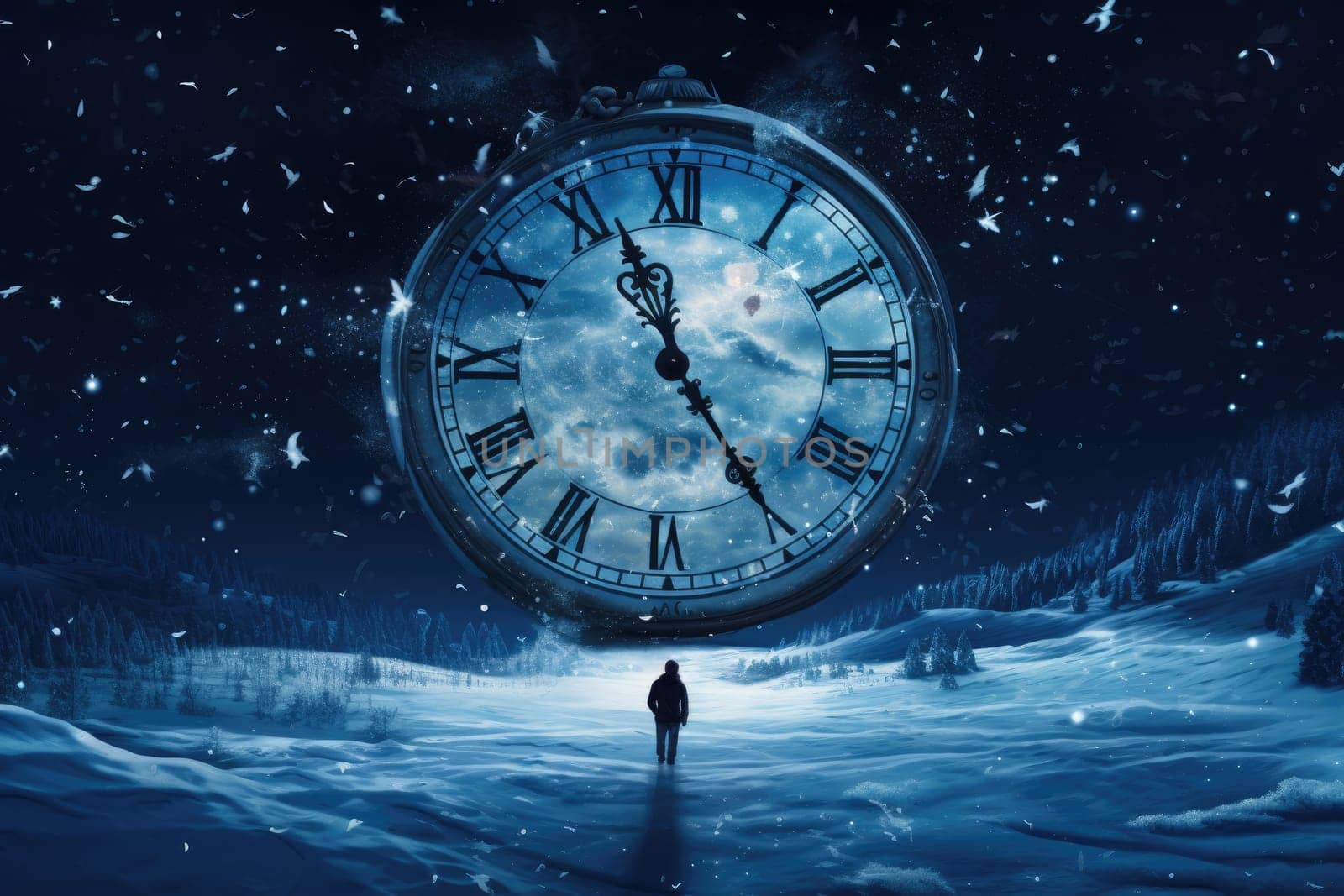 A clock frozen at midnight background, countdown concept, AI Generative.