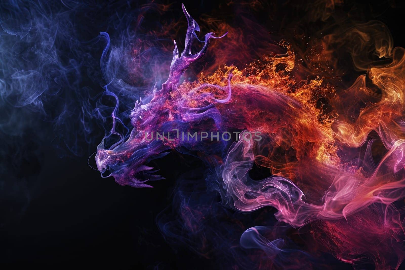 Image of dragon with colourful smoke on black background. Mythical creatures. Illustration.