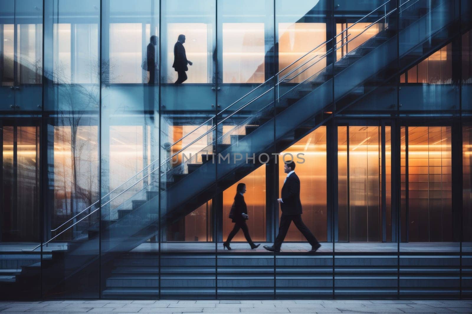 Blurred business people walking up and down stair outside office in fast movement.