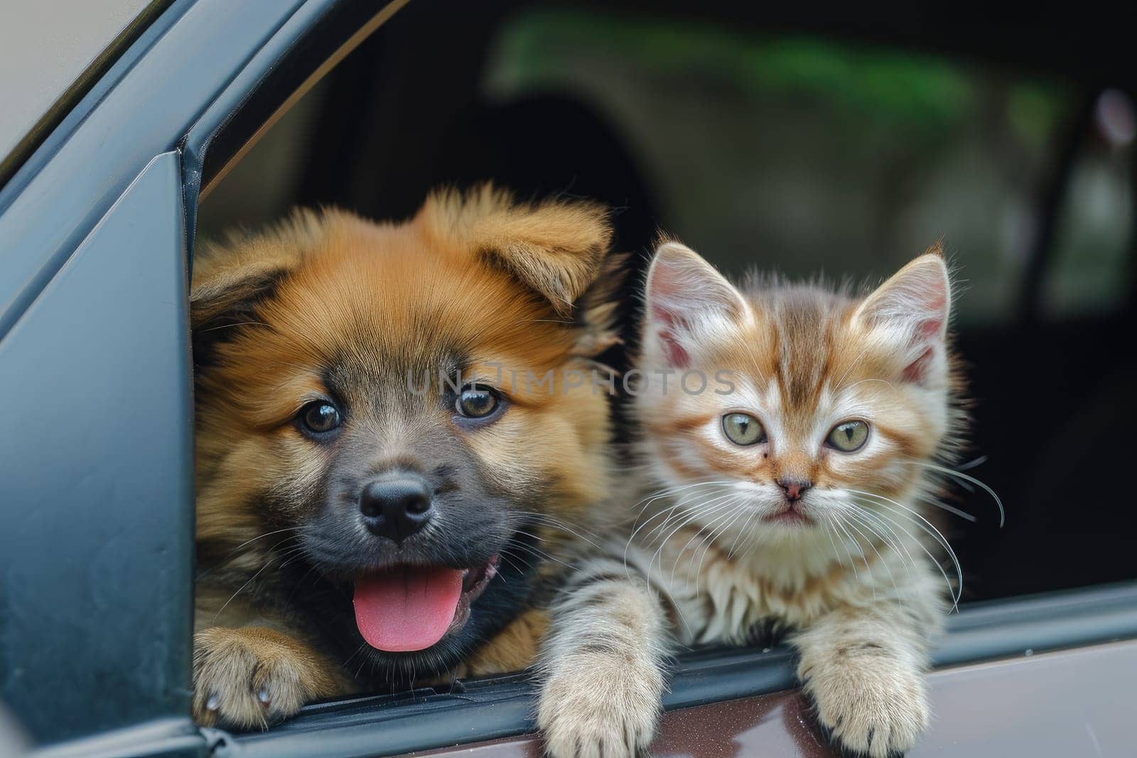 Happy dog and cat together in car looking out of the window. summer vocation travel.