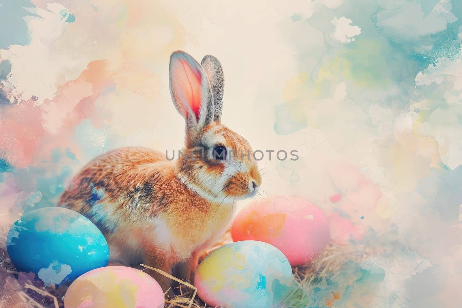 Adorable Easter Bunny With Easter Eggs, colorful Easter eggs, banner and wallpaper, watercolor.