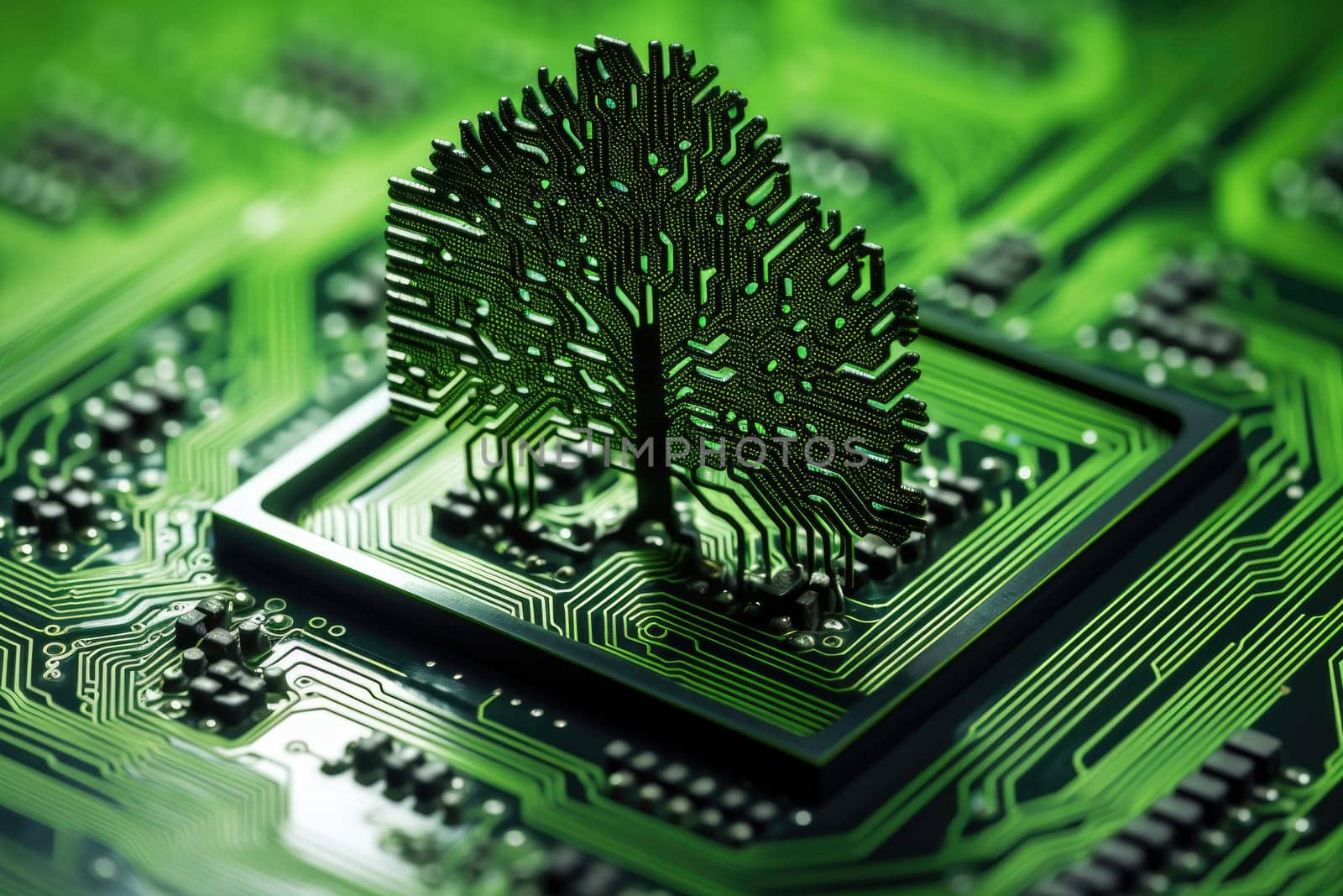 Tree growing on the converging point of computer circuit board, Green technology. AI Generative.