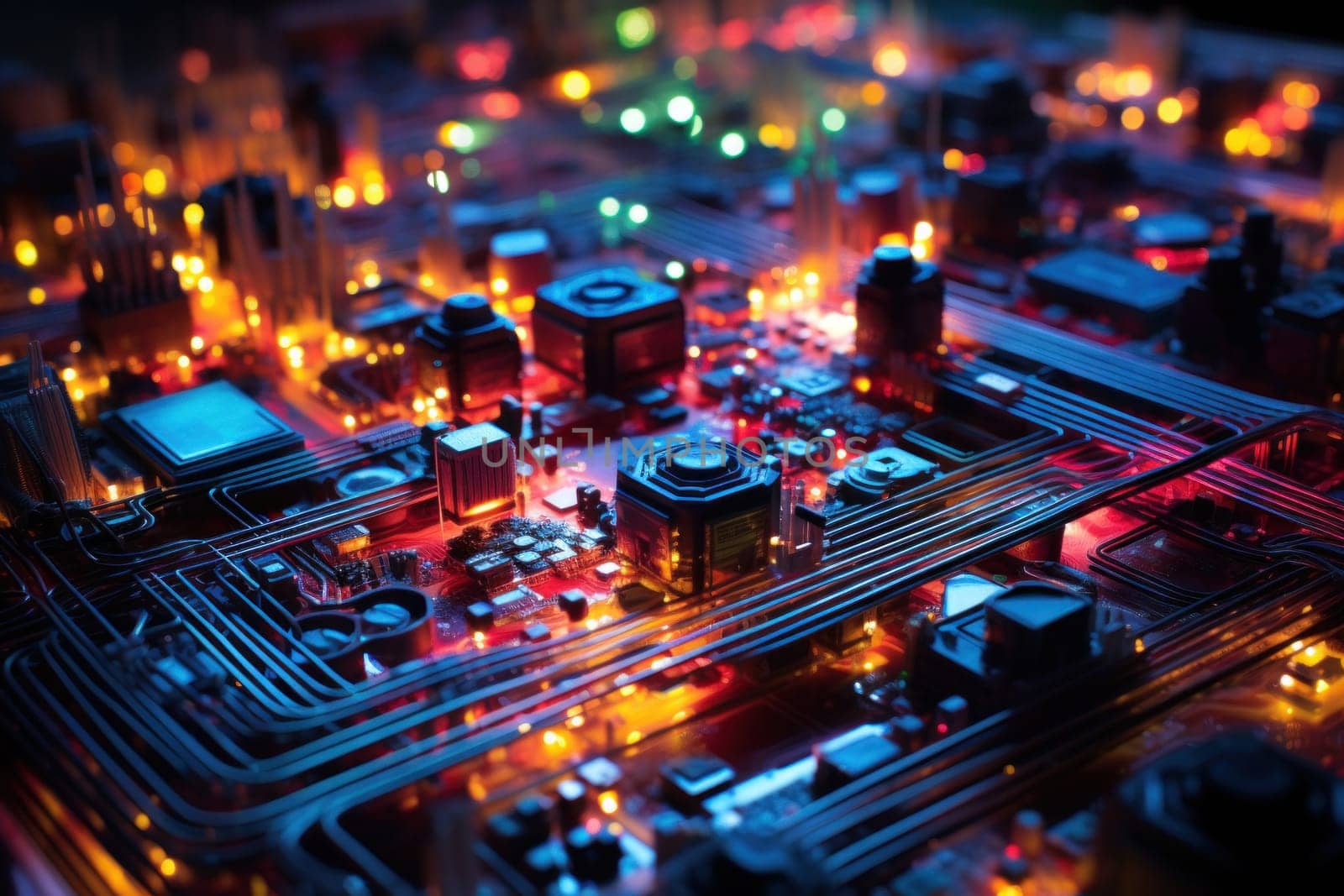 A circuit board with colorful electronic components and wires soldered together.