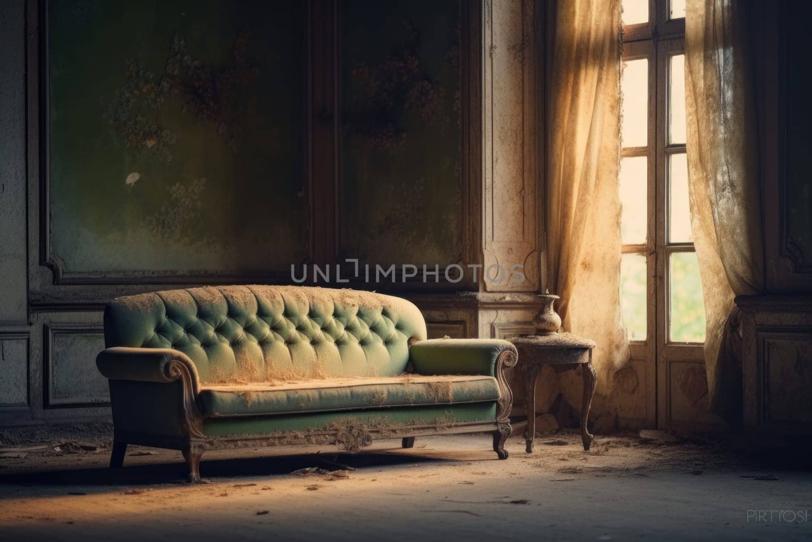 Photo of a Old sofa in an abandoned building, Interior of abandoned.