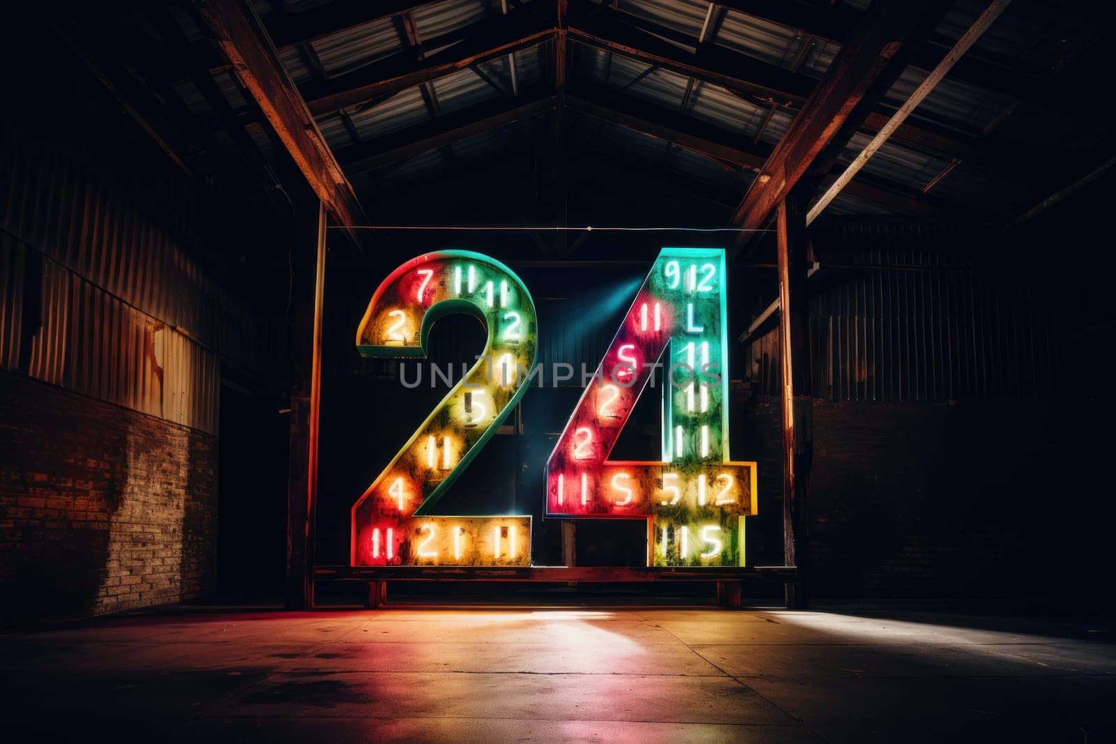 Happy new year 2024 neon light. Colorful design, trendy style, Number 24.
