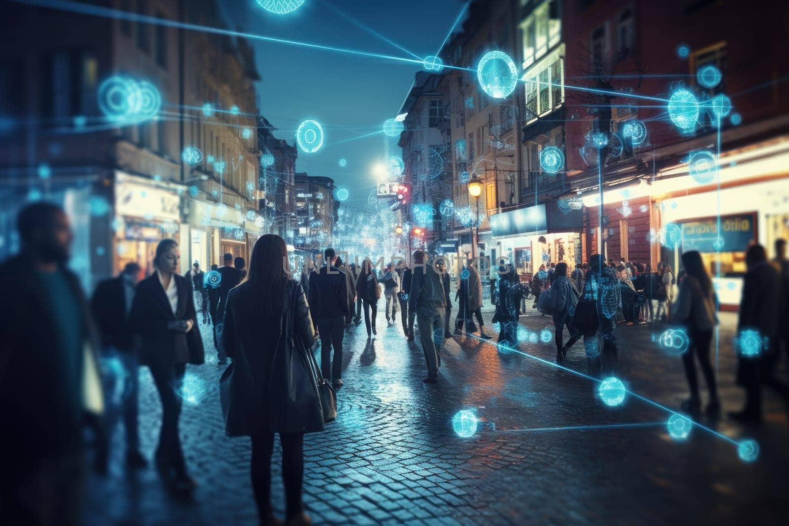 Surveillance camera of a crowd of people walking along busy city streets, AI generative.