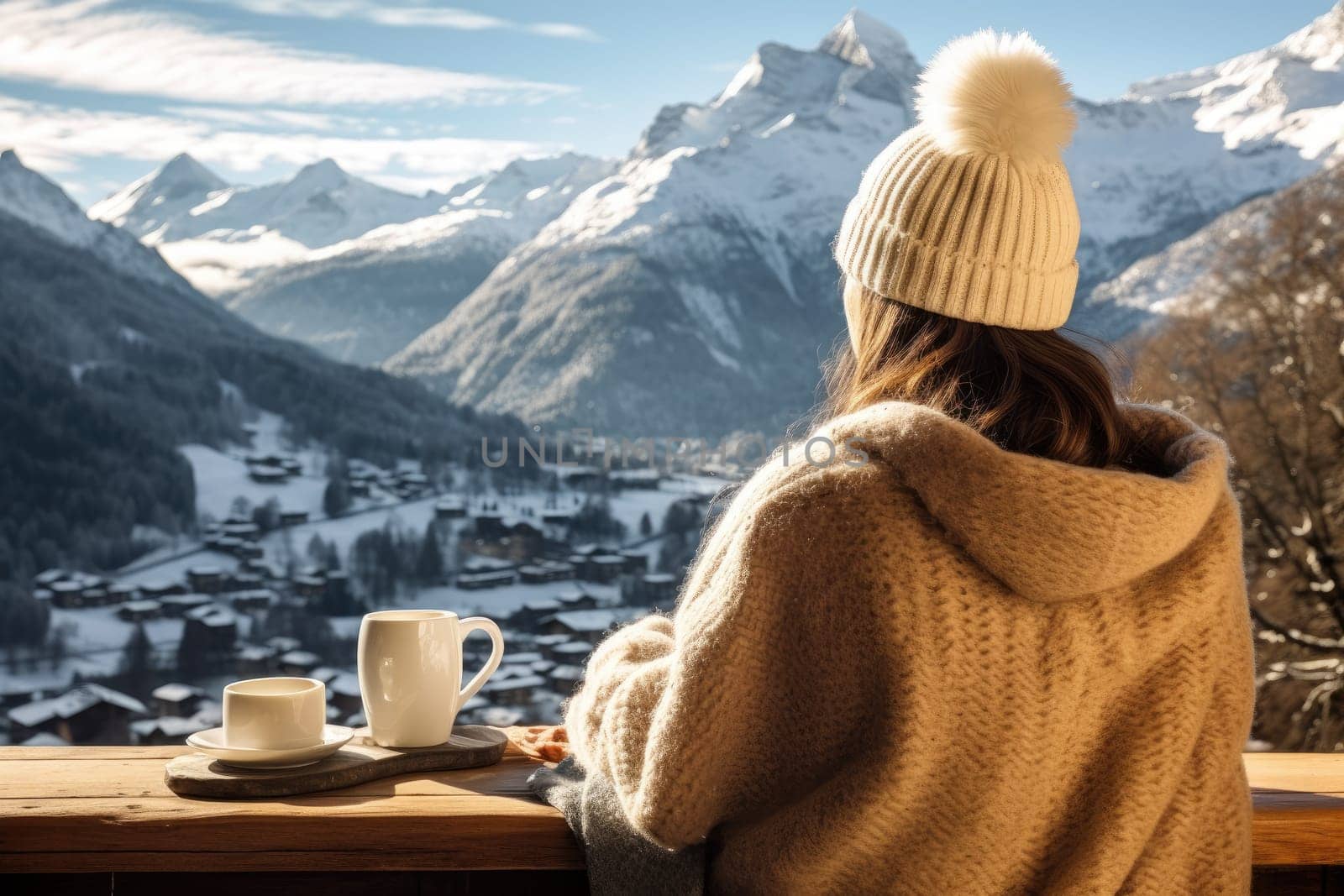 woman on a terrace with the snow mountains view, AI Generative.