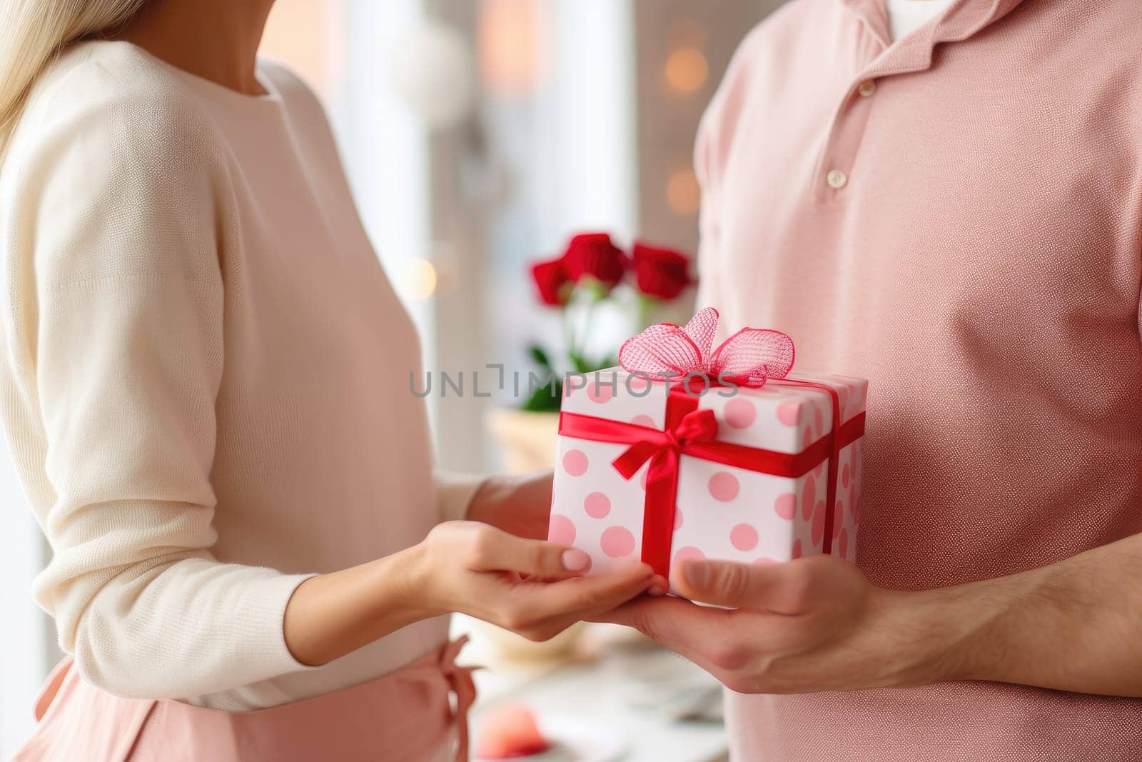 Woman surprising her partner with a homemade Valentine's day gift. Generative AI.