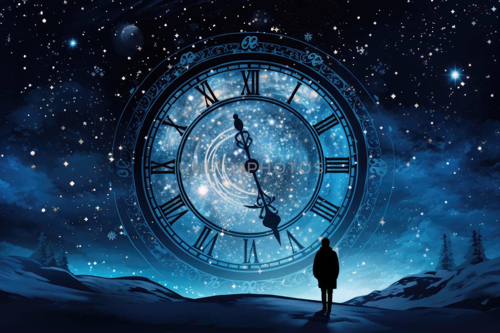 A clock frozen at midnight background, countdown concept, AI Generative.