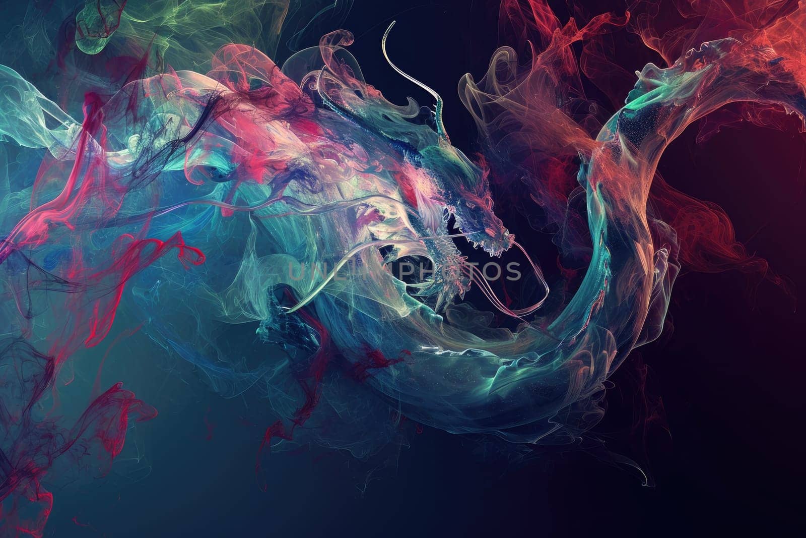 Image of dragon with colourful smoke on black background. Mythical creatures. Illustration.