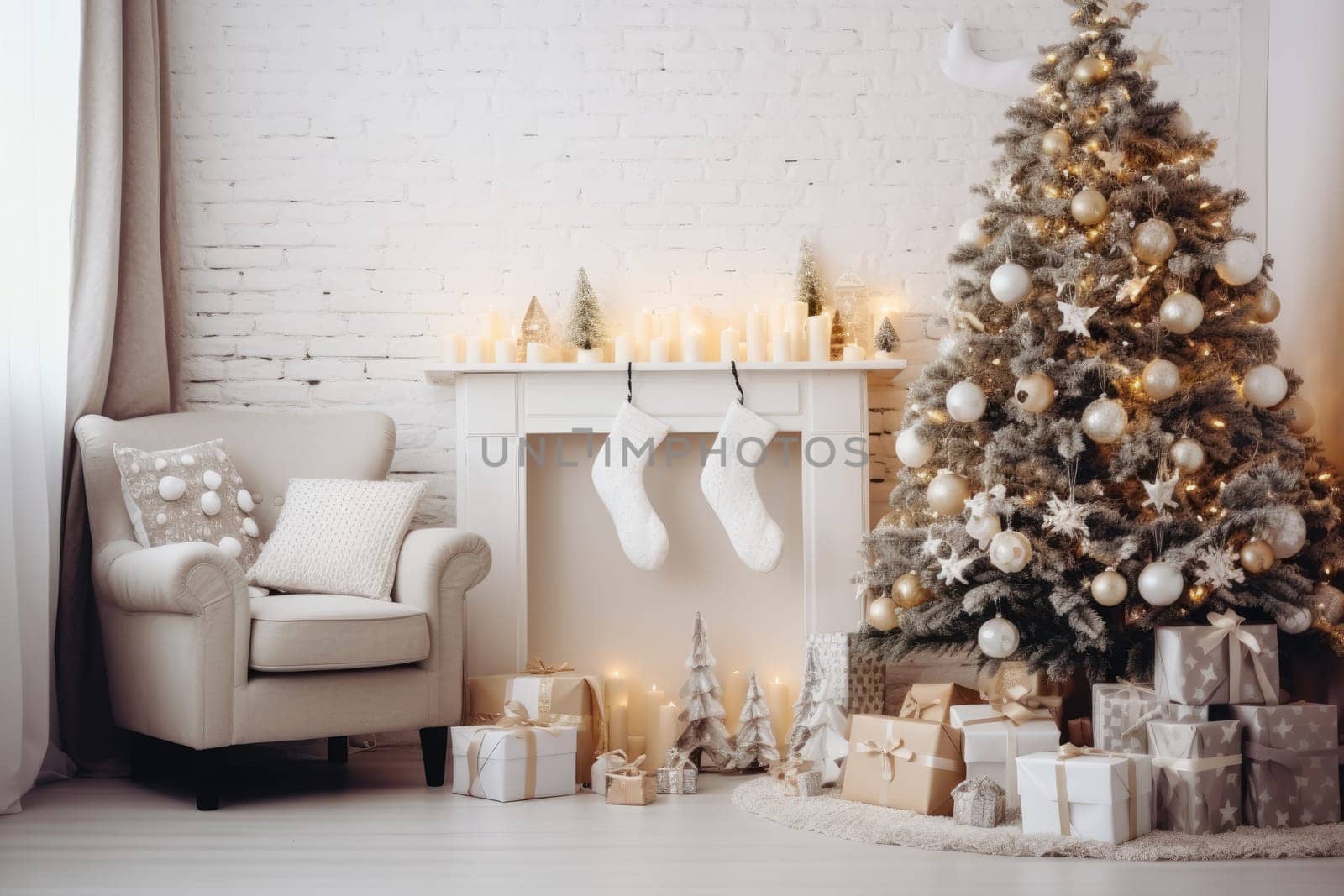 Beautiful Christmas tree in decorated living room. Festive interior.