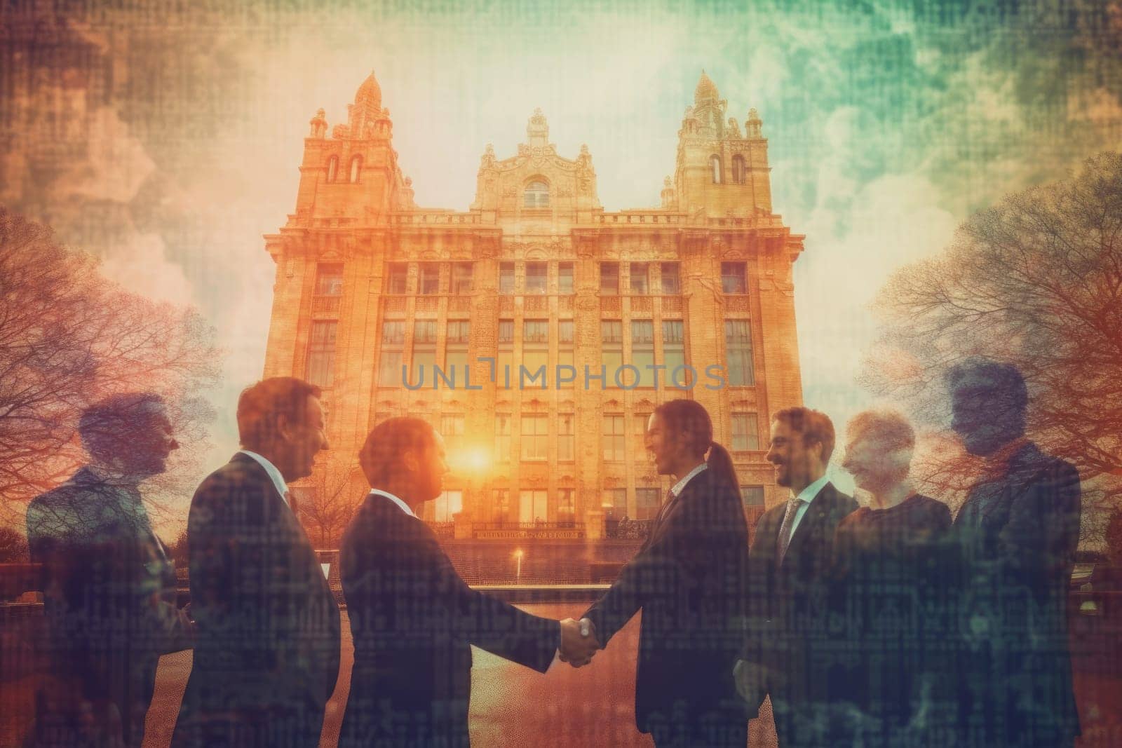 Double exposure on business people closing a deal with a handshake.