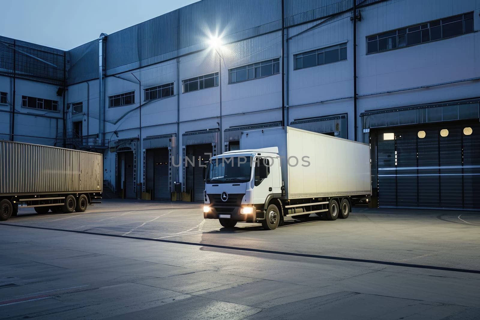 Logistics and transportation. White truck in the warehouse with boxes. for advertising by nijieimu