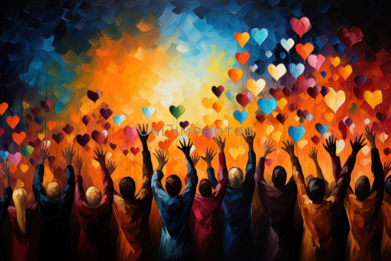 Crowd of people, hands in the air, colorful hearts, Charity background with hands, AI generative.