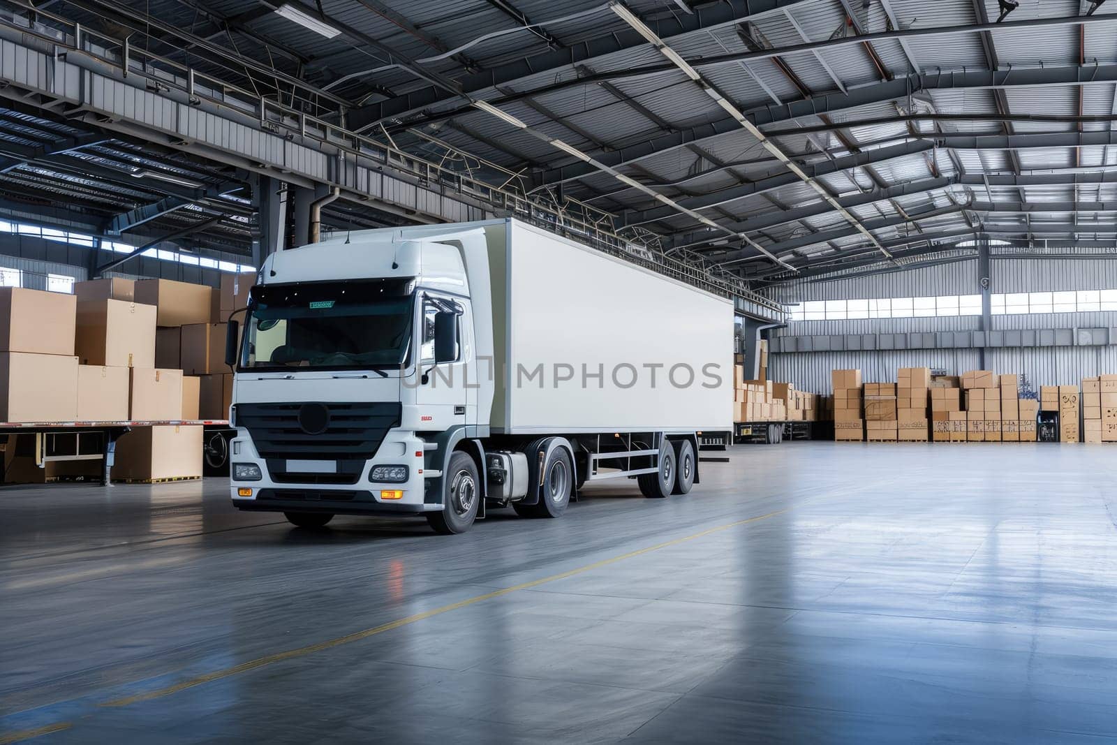 Logistics and transportation. White truck in the warehouse with boxes. for advertising by nijieimu