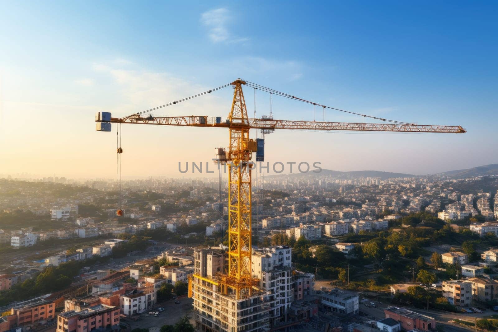 a crane at a construction site, a modern urban scene under construction, AI Generative.