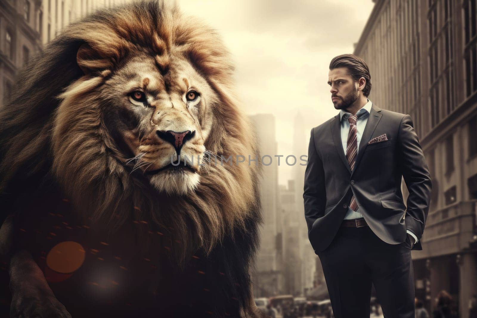 Resilient Business man Facing an Old Lion, AI Generative.