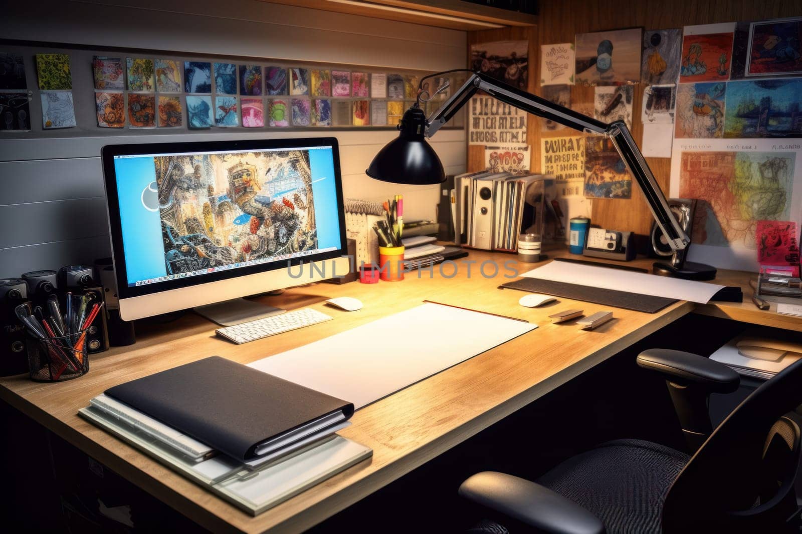 A designer's desk with a computer, designer's working table.