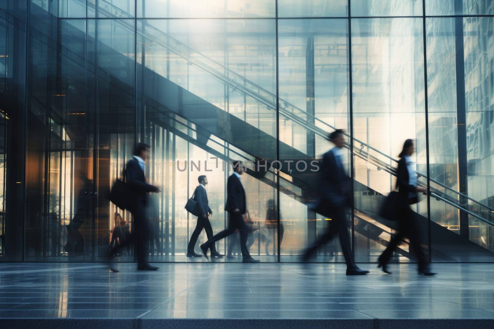 Blurred business people walking up and down stair outside office in fast movement.