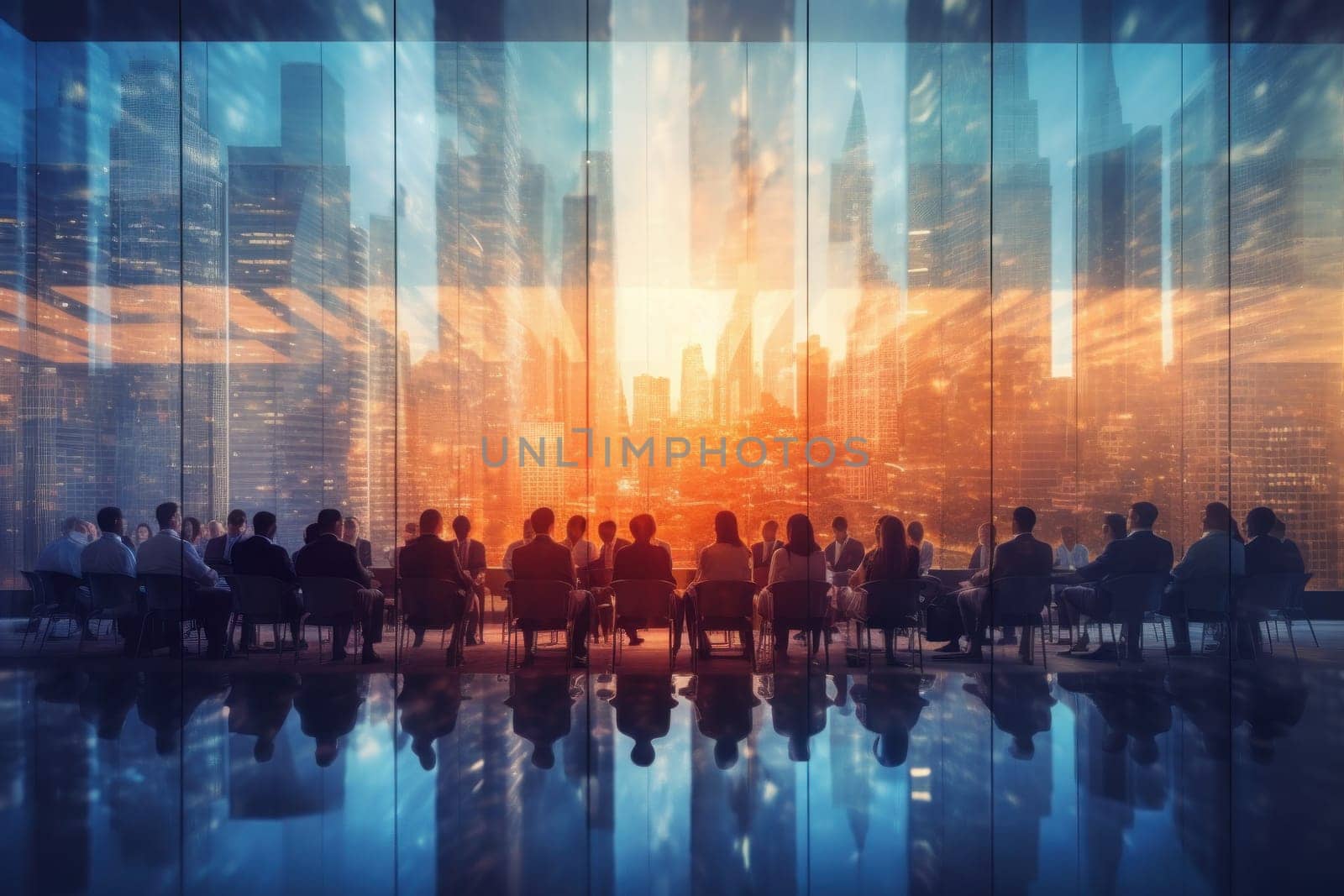 Double exposure image of business people conference group meeting on city building in background by nijieimu