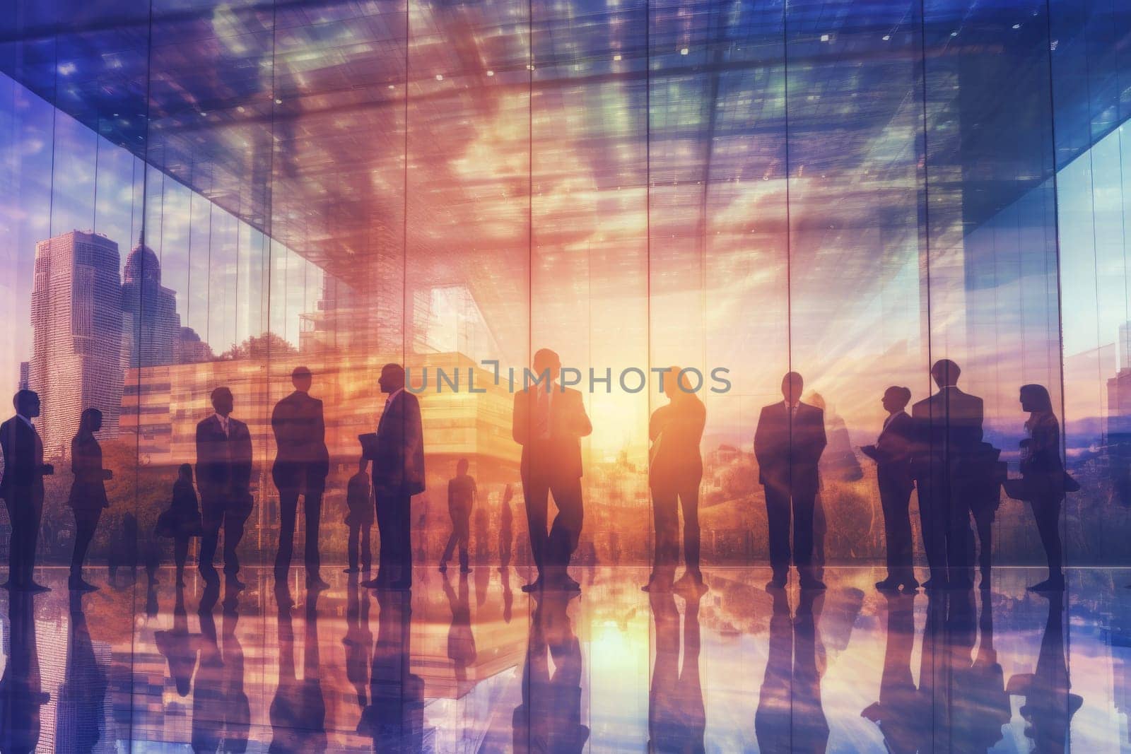 Double exposure image of business people conference group meeting on city building in background by nijieimu