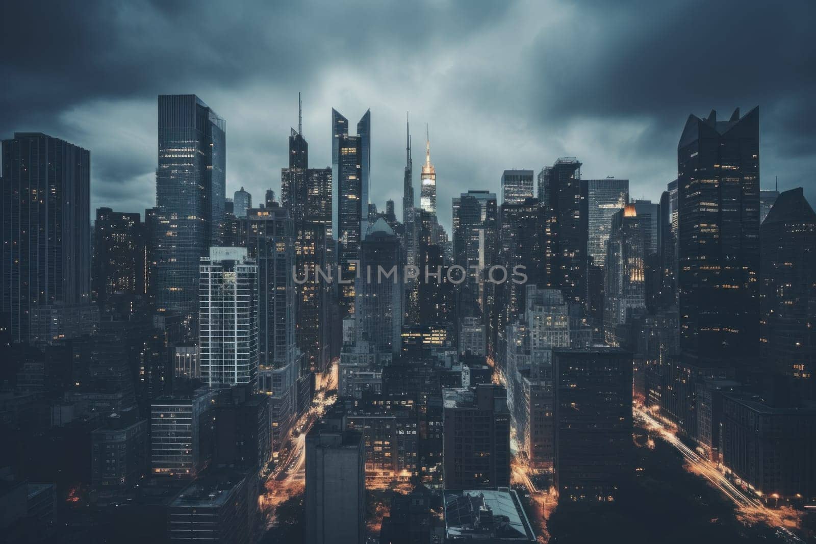 photograph of a cityscape nightlight skyline.