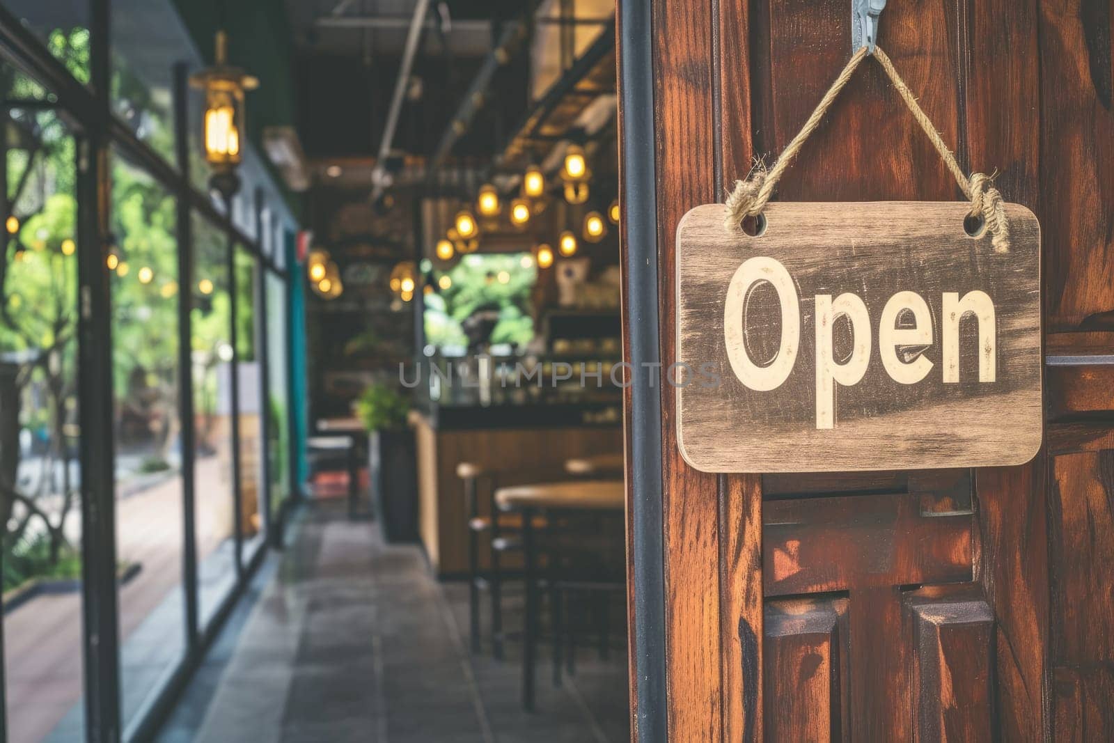OPEN Sign board on cafe or restaurant hang on door at entrance, Vintage color tone style..