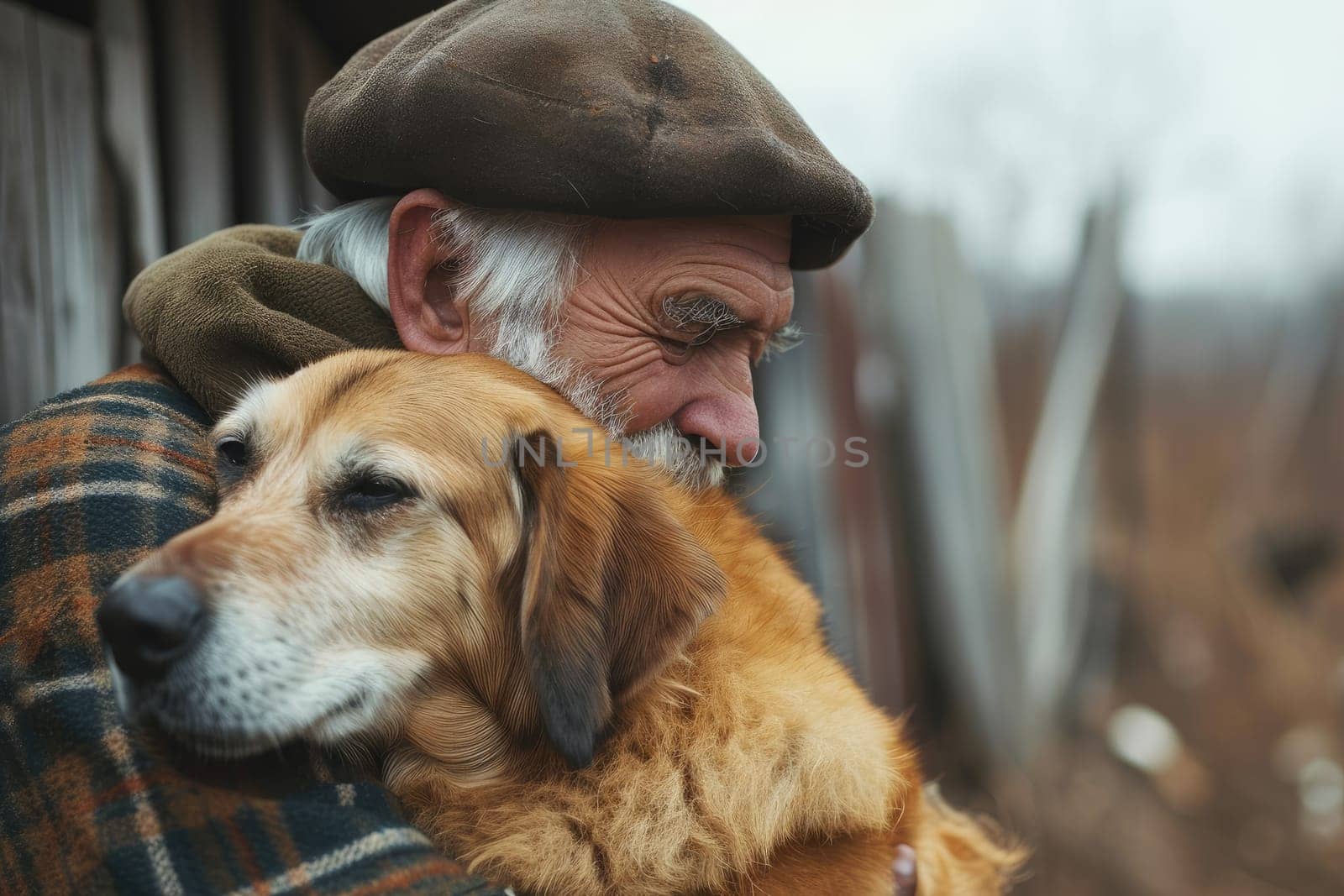 A portrait of a happy senior older with a dog, The elderly with pet.
