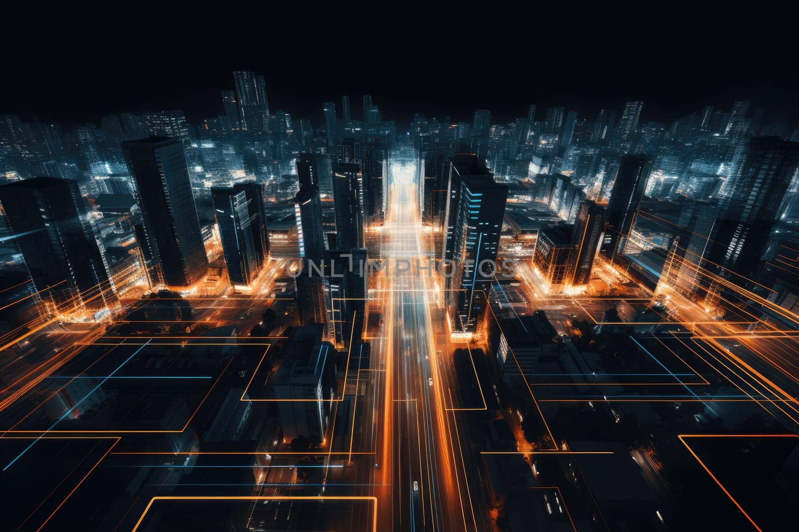 Aerial view of a city street at night time, long exposure of the car lights.