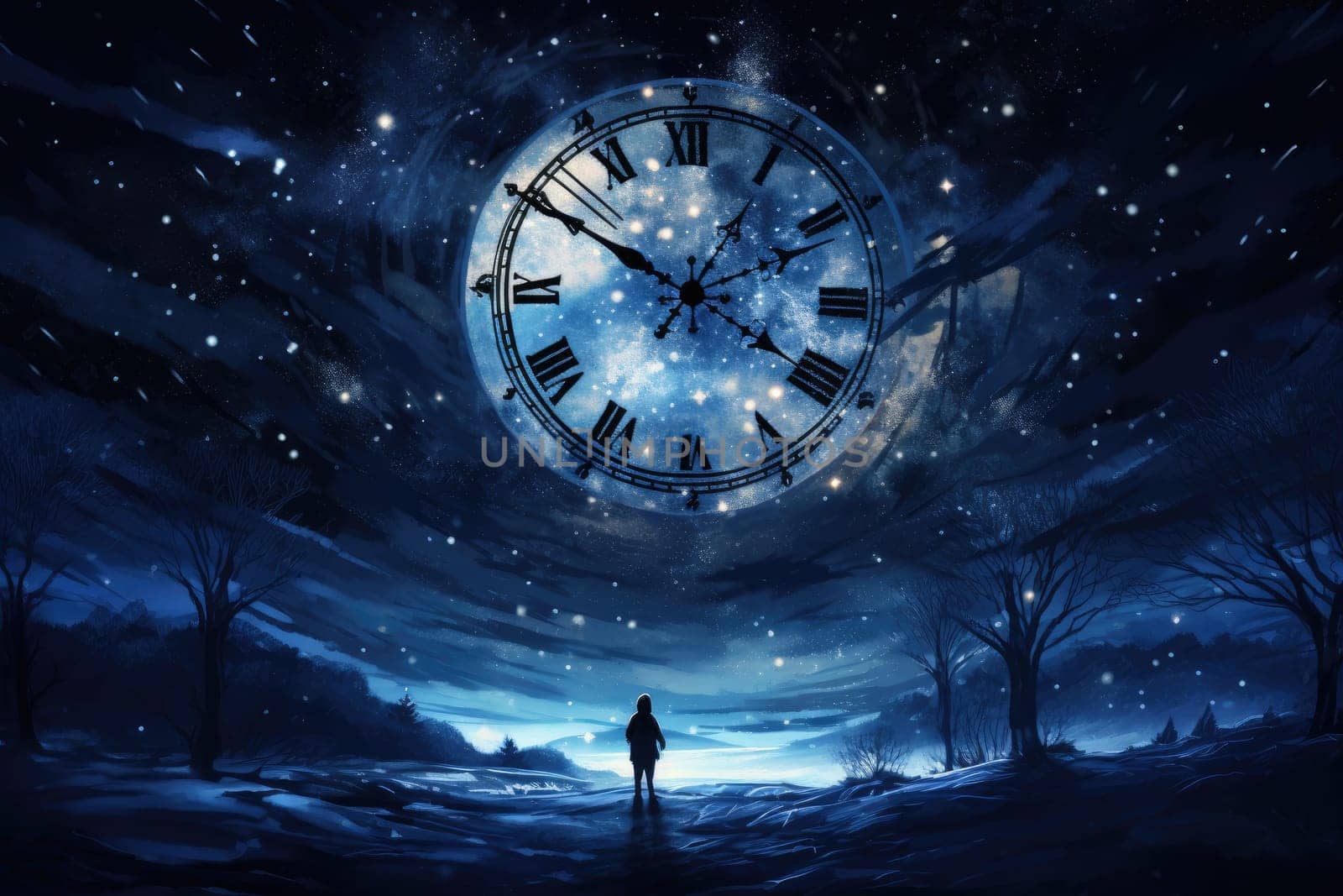 A clock frozen at midnight background, countdown concept, AI Generative.