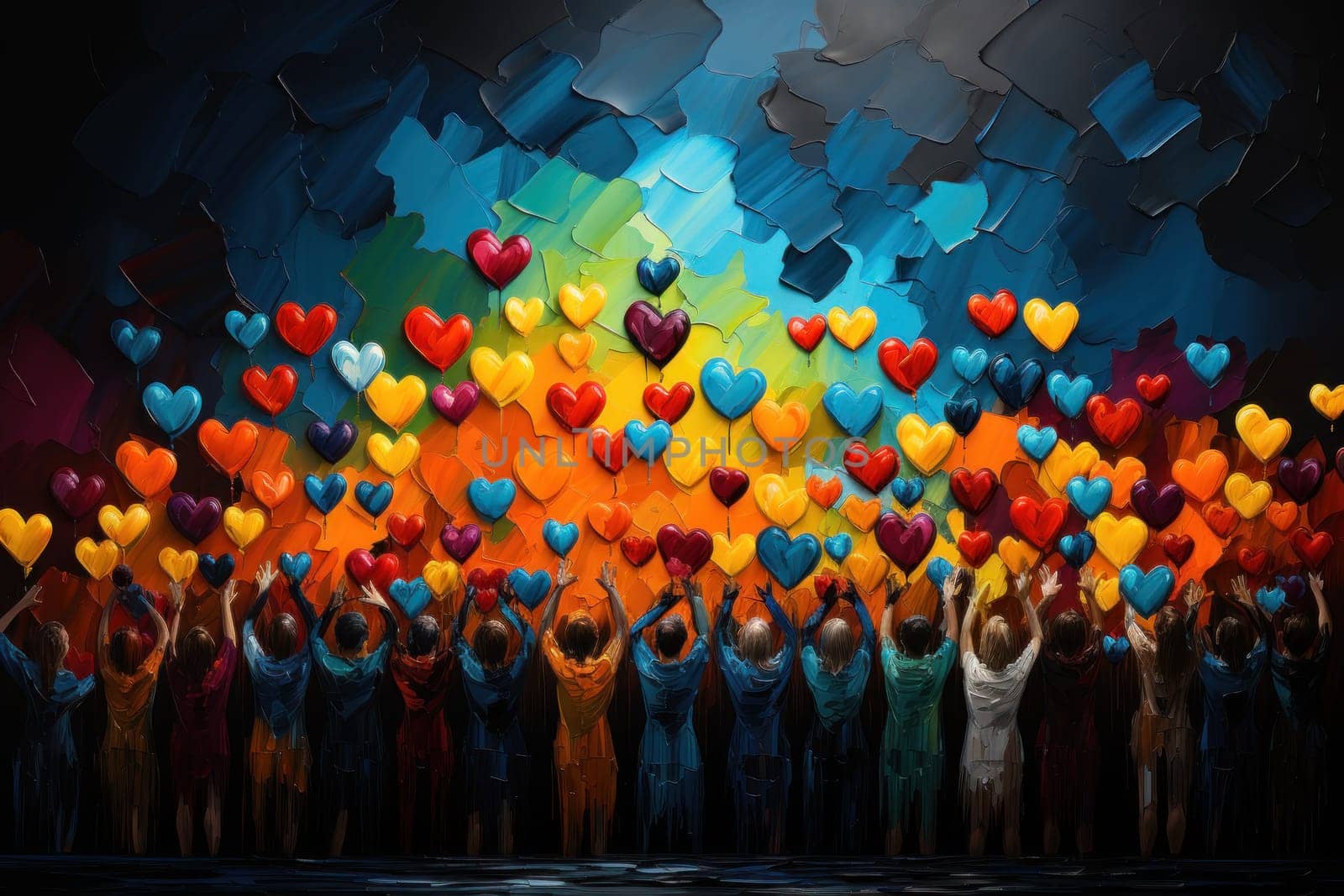 Crowd of people, hands in the air, colorful hearts, Charity background with hands, AI generative.