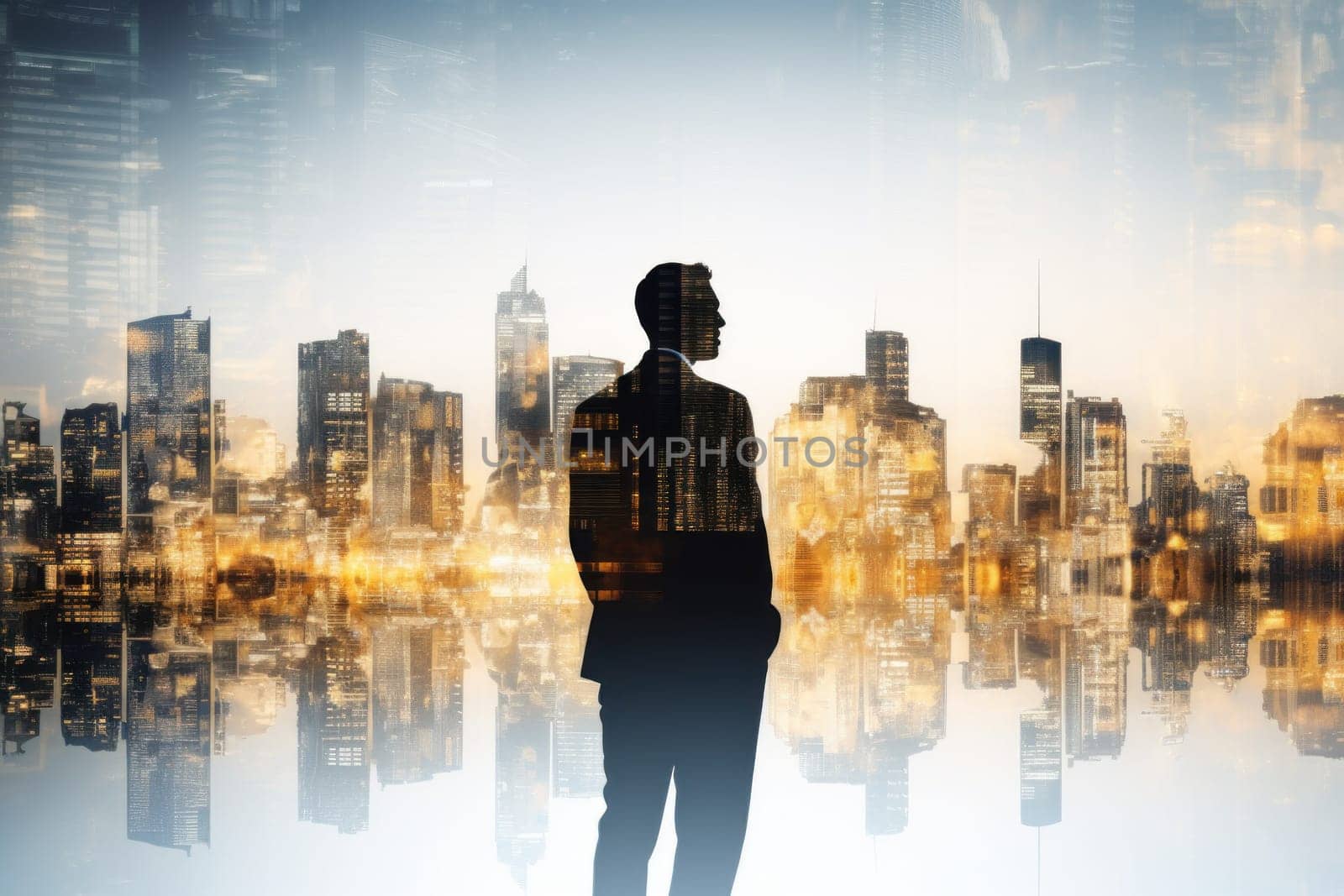 Business background, businessman double exposure effect and city buildings illustration.