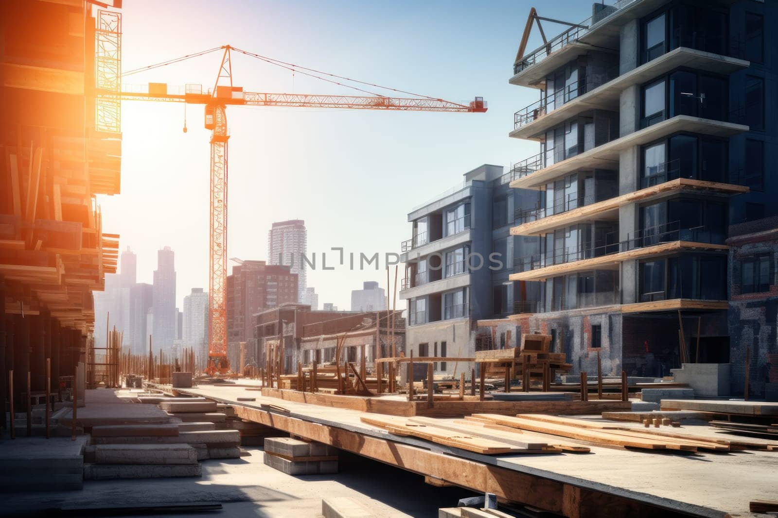 a crane at a construction site, a modern urban scene under construction, AI Generative.