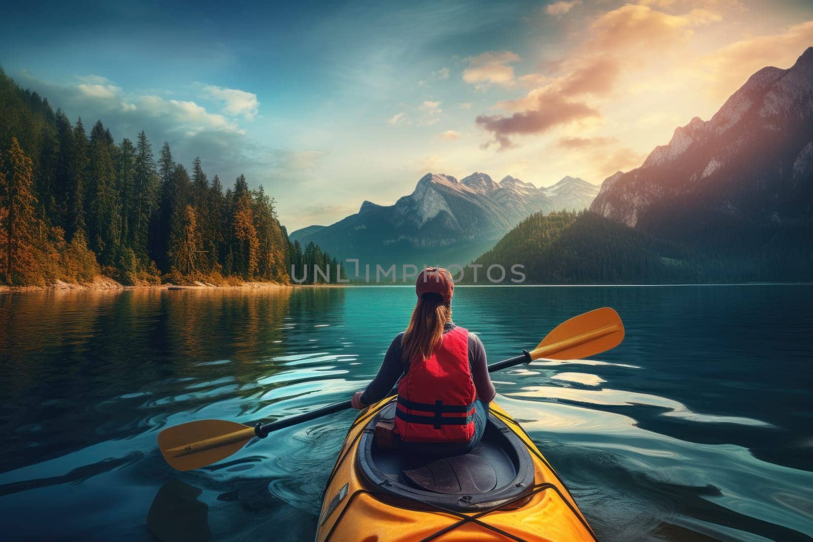 Rear view of woman riding kayak in stream with background of beautiful landscape.
