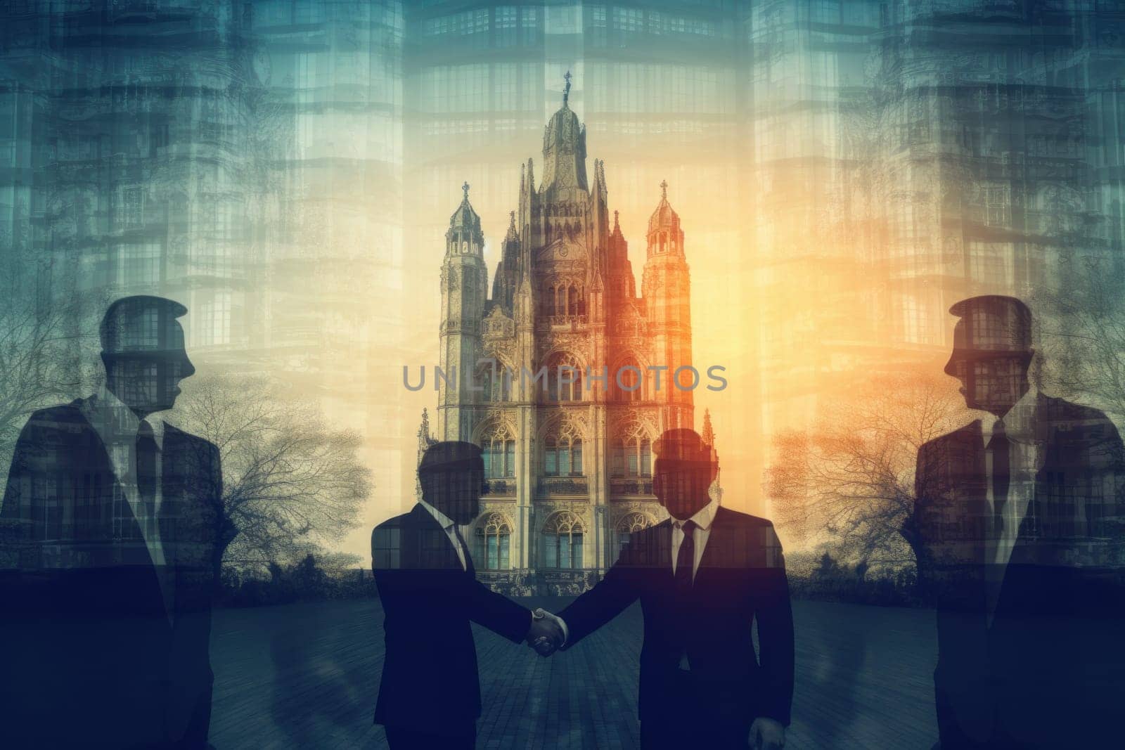 Double exposure on business people closing a deal with a handshake by nijieimu