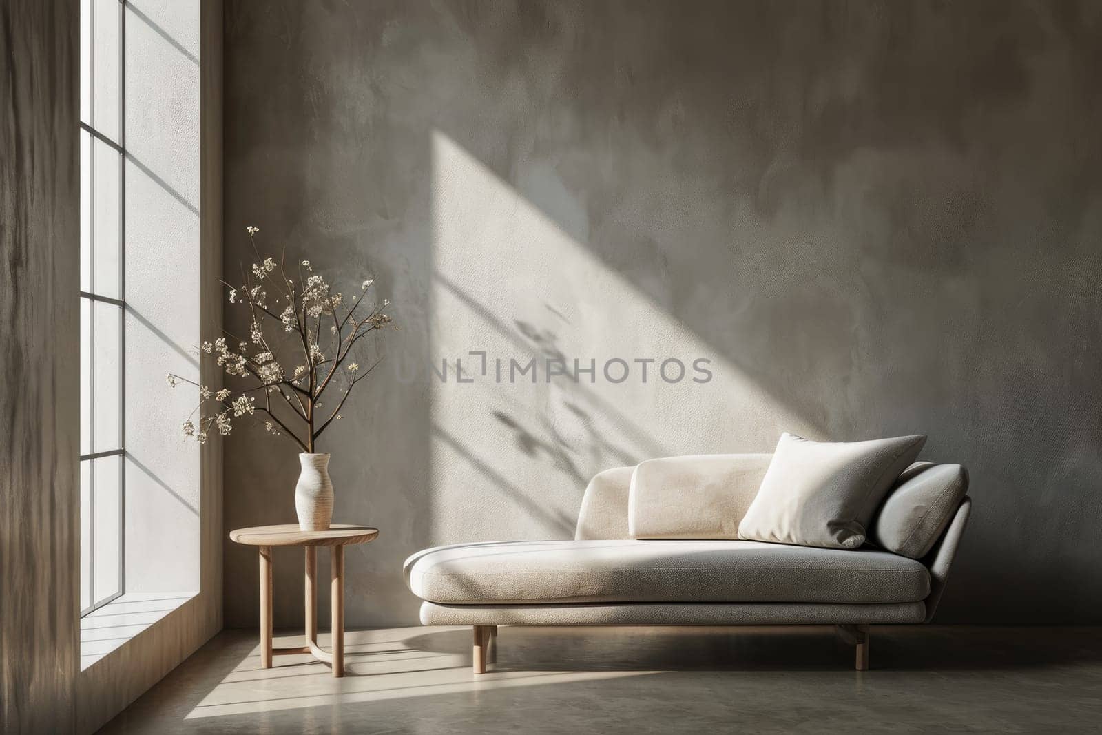 Minimal living room, minimal blank wall couch full sized window side table vase, home interior.