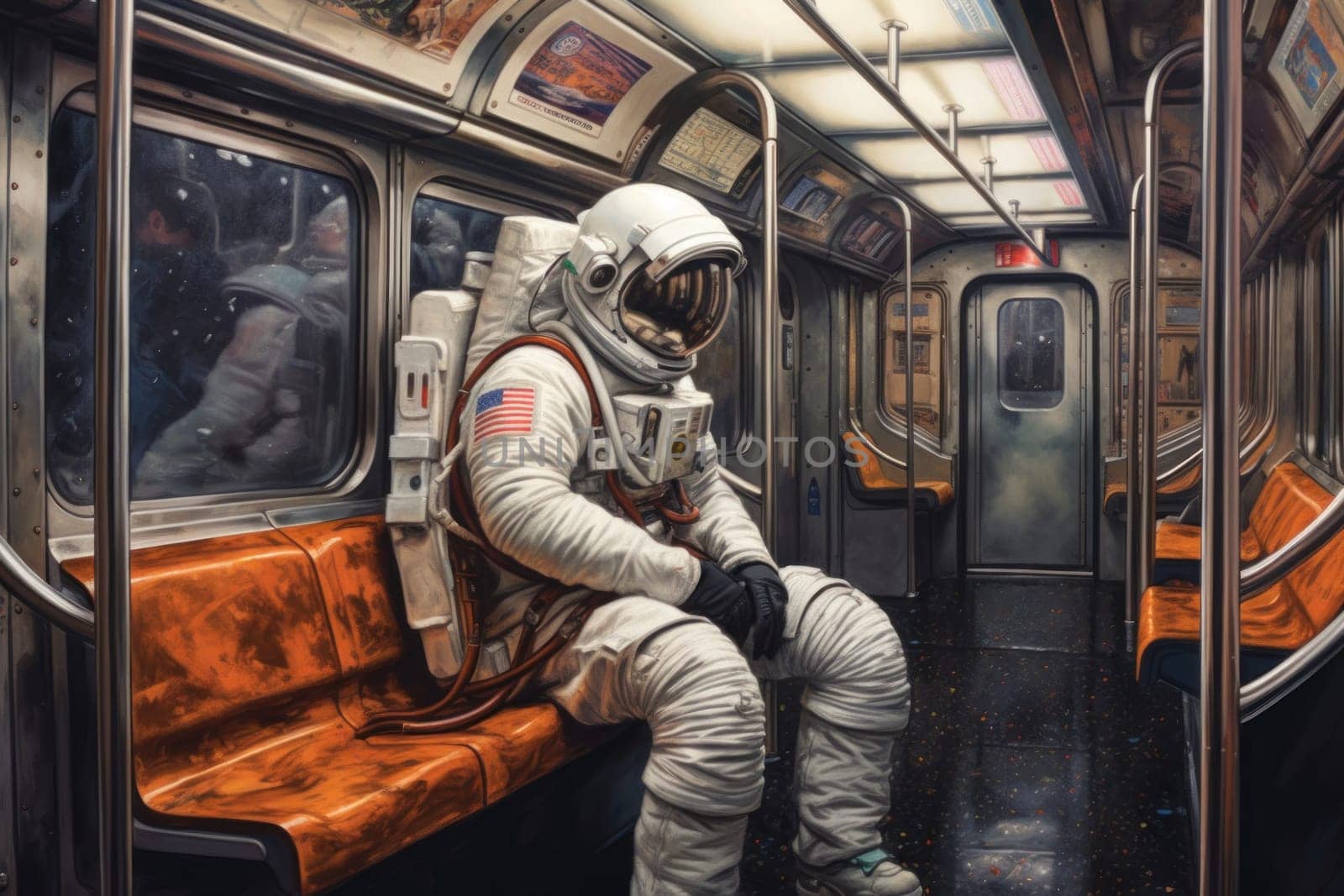 An astronaut in the subway. Astronaut in the urban environment.