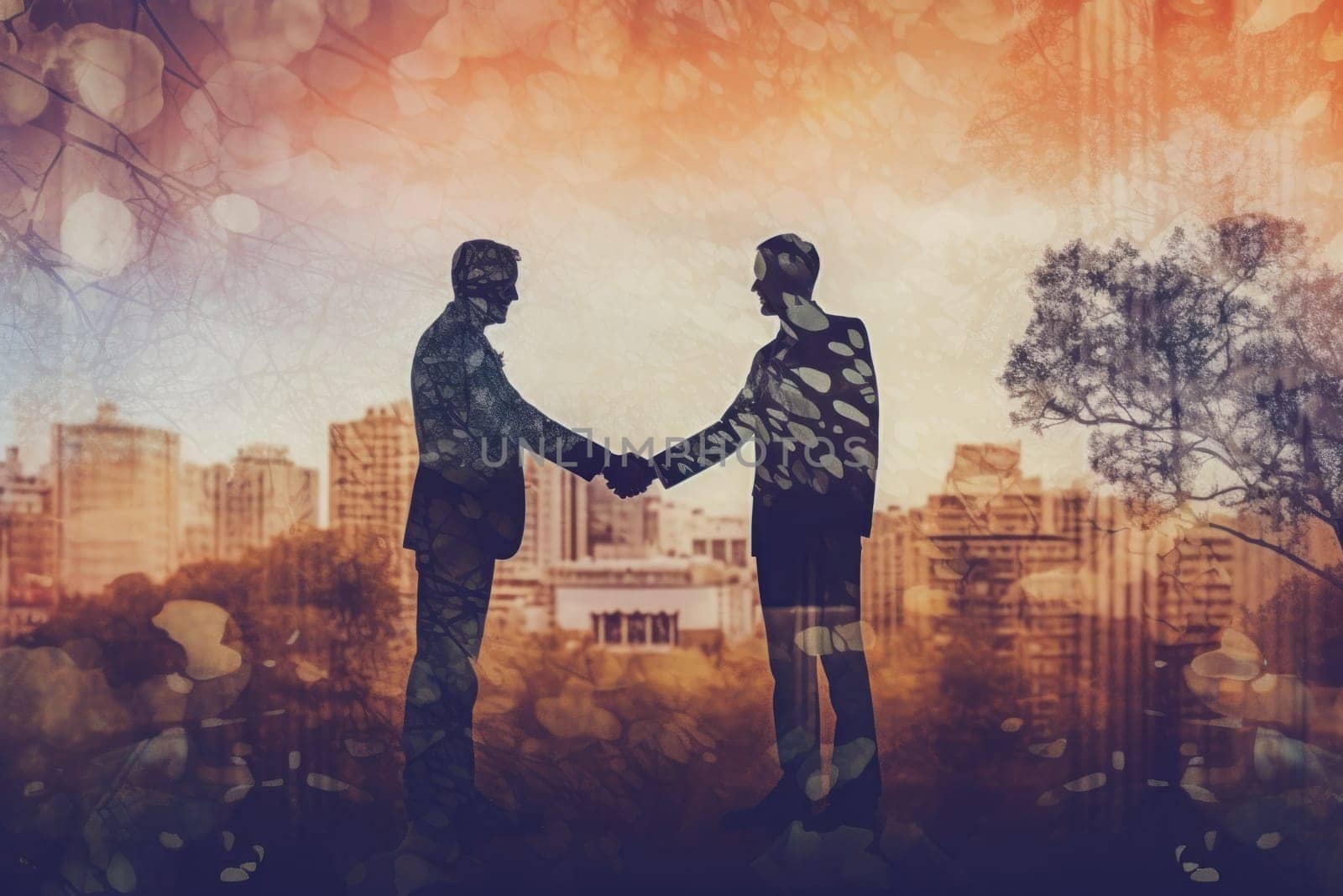Double exposure on business people closing a deal with a handshake.