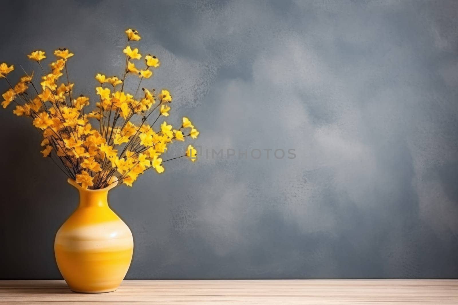 Vase of wildflowers on wooden table and pastel wall texture background.