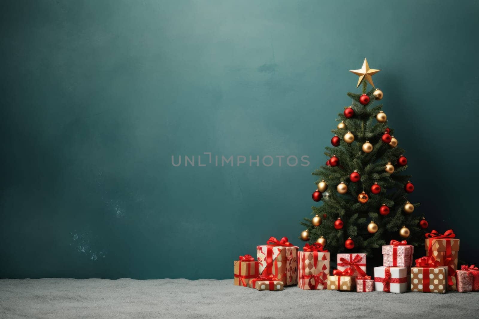 Christmas Tree Winter with Gift Boxes green Background for advertising.