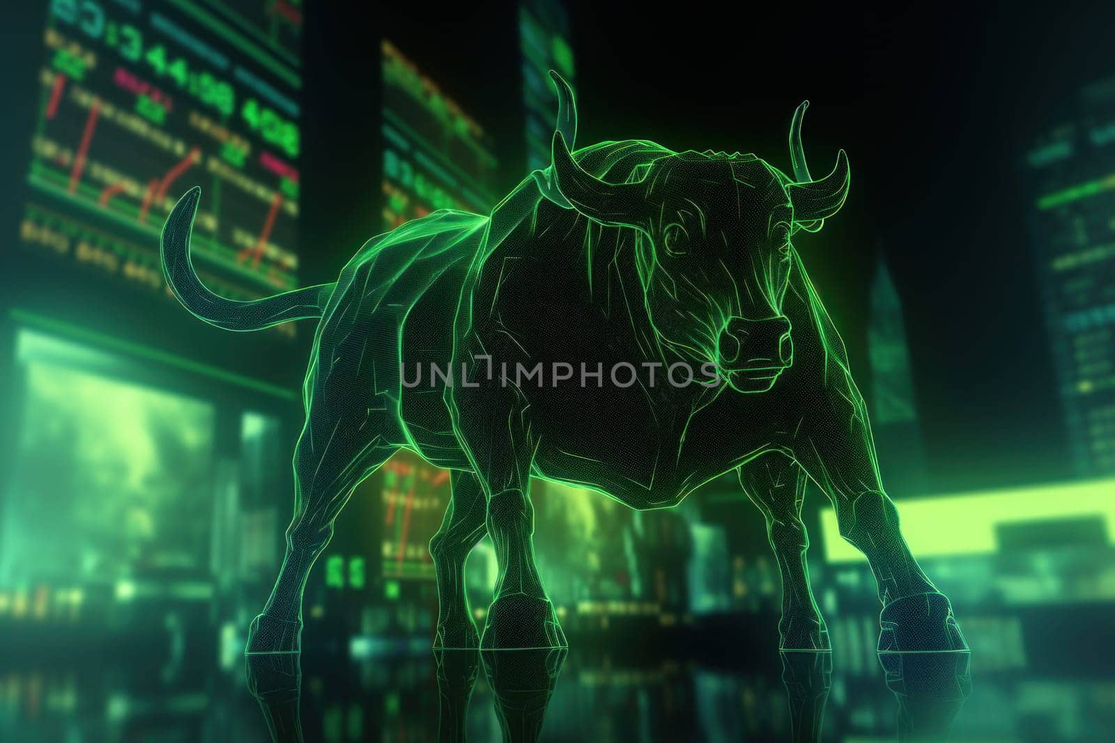 Double exposure of a silhouette bull run and uptrend chart, the bull market is rising.